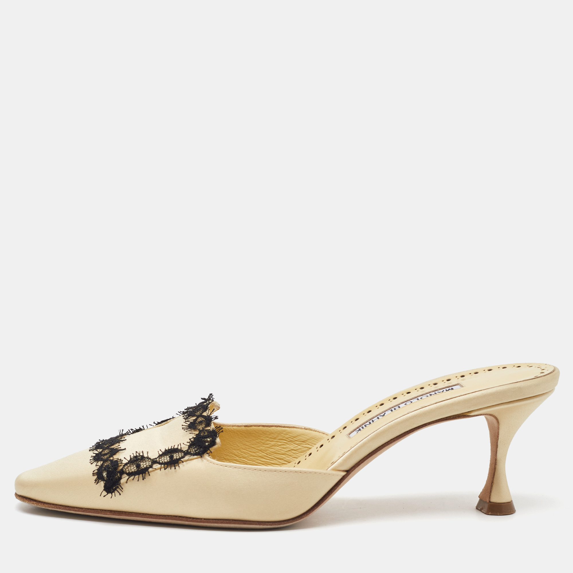 

Manolo Blahnik Light Yellow Satin Lace Detail Mules Size