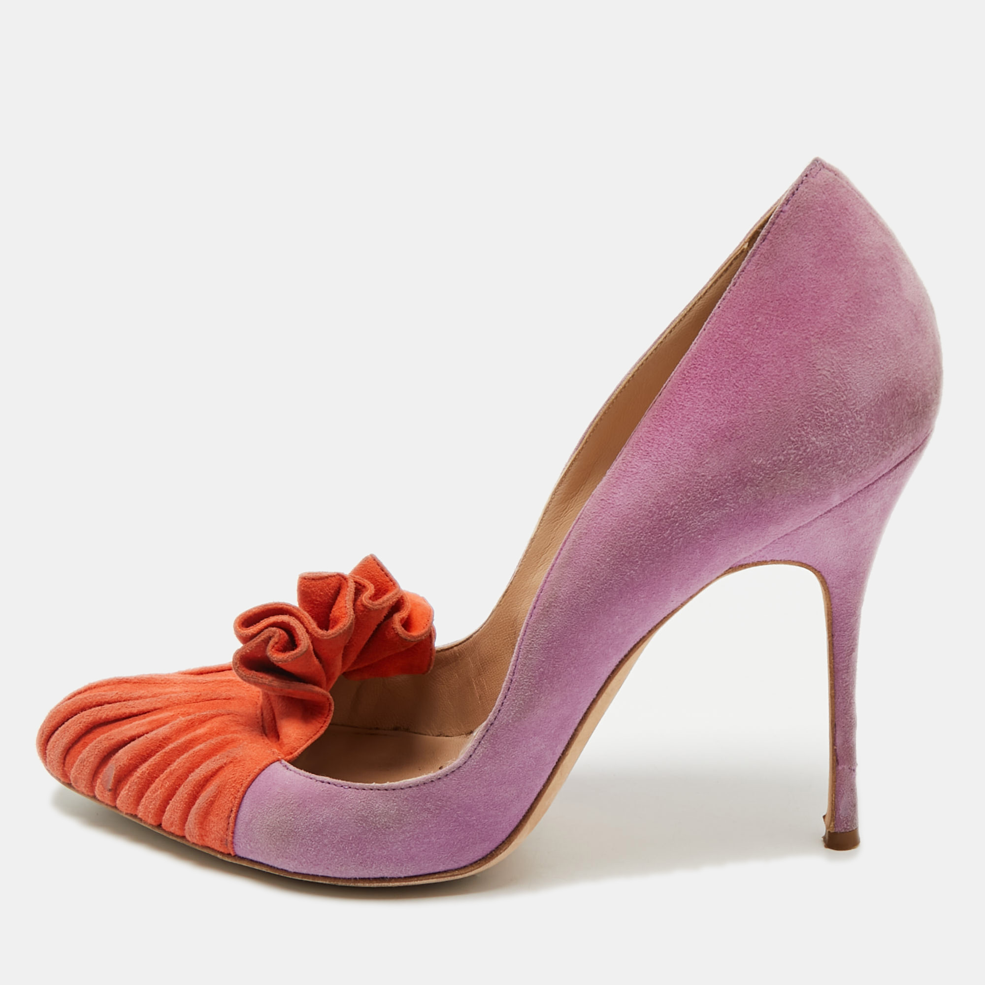 Pre-owned Manolo Blahnik Purple/orange Suede Ruffle Pumps Size 39
