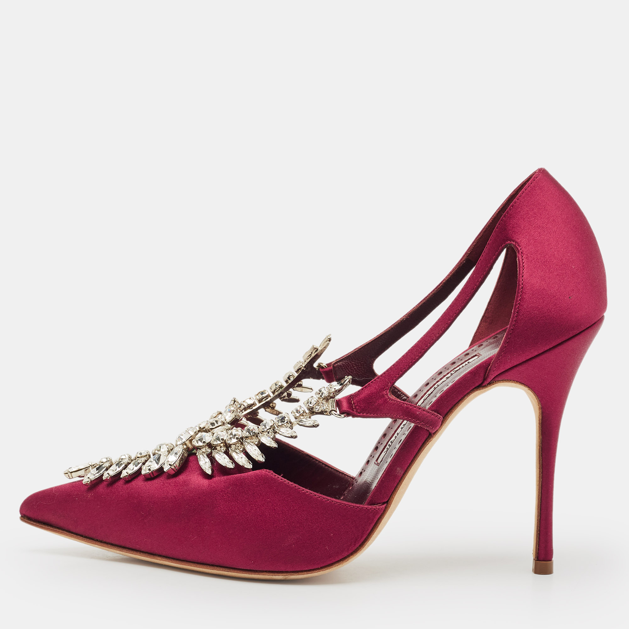Pre-owned Manolo Blahnik Burgundy Satin Lala Pumps Size 38.5