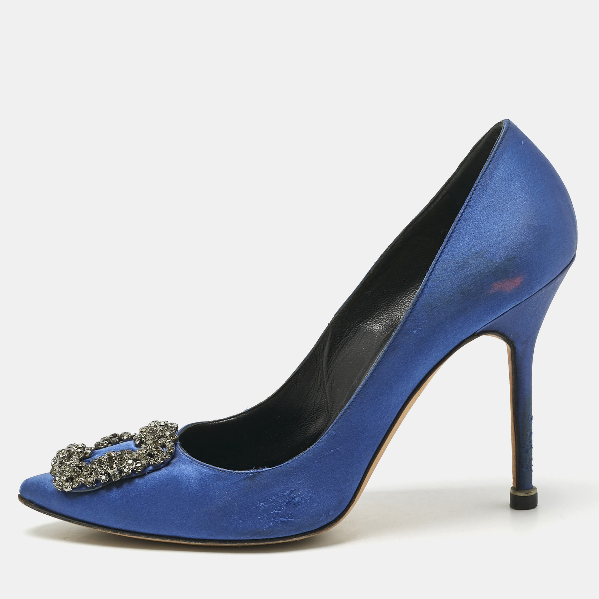 Pre-owned Manolo Blahnik Navy Blue Satin Hangisi Pumps Size 38