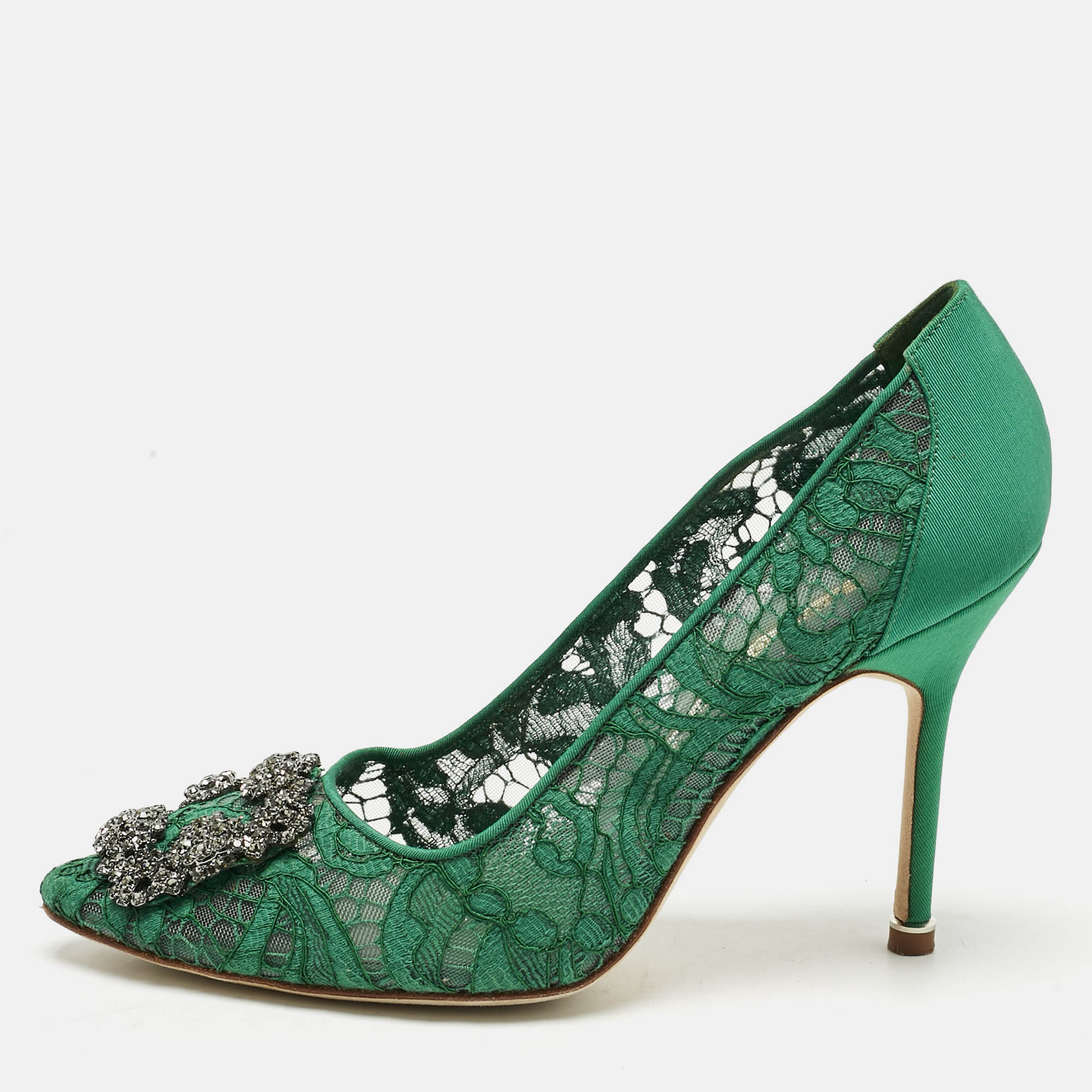 

Manolo Blahnik Green Lace and Mesh Hangisi Pumps Size
