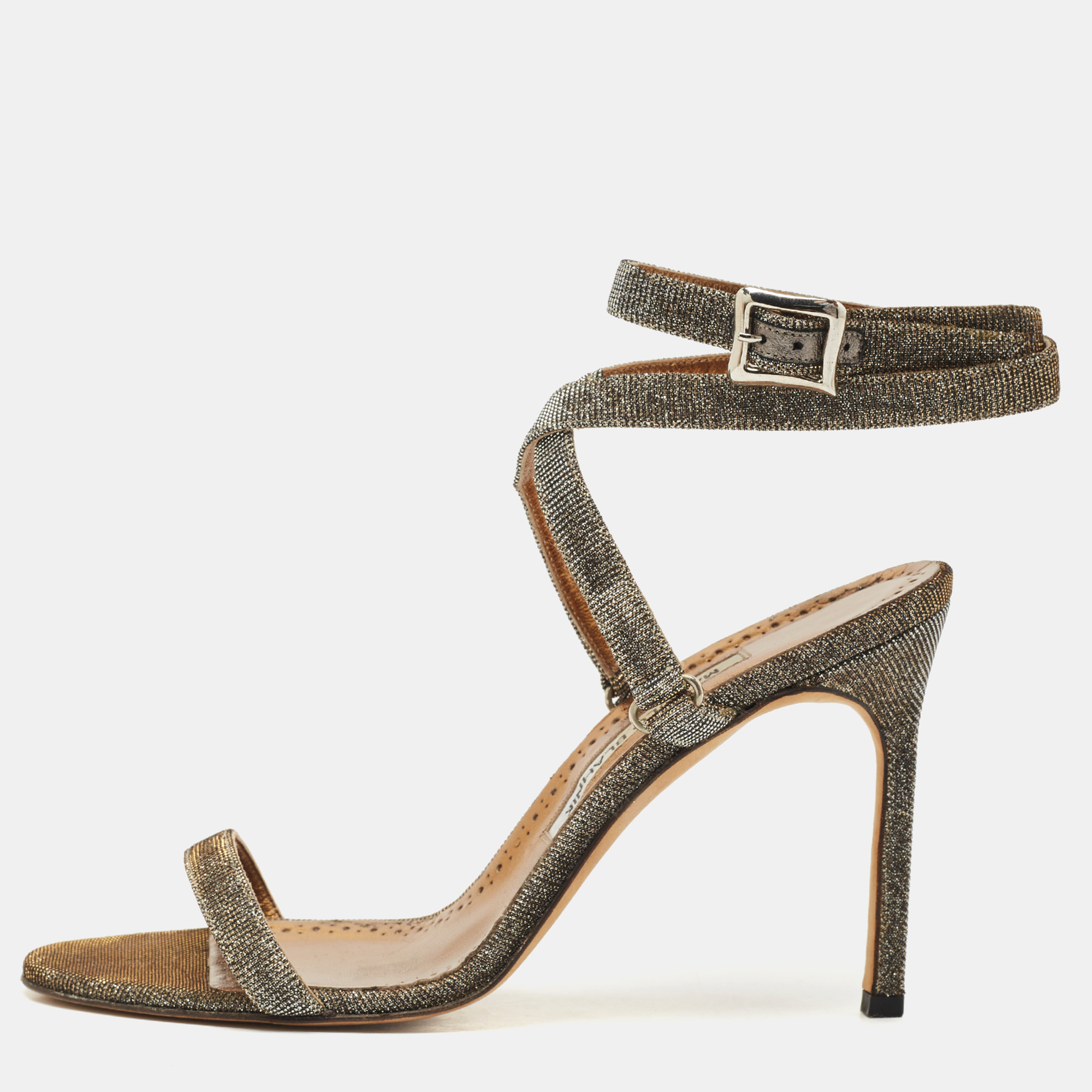 

Manolo Blahnik Metallic Glitter Accents Ankle Strap Sandals Size