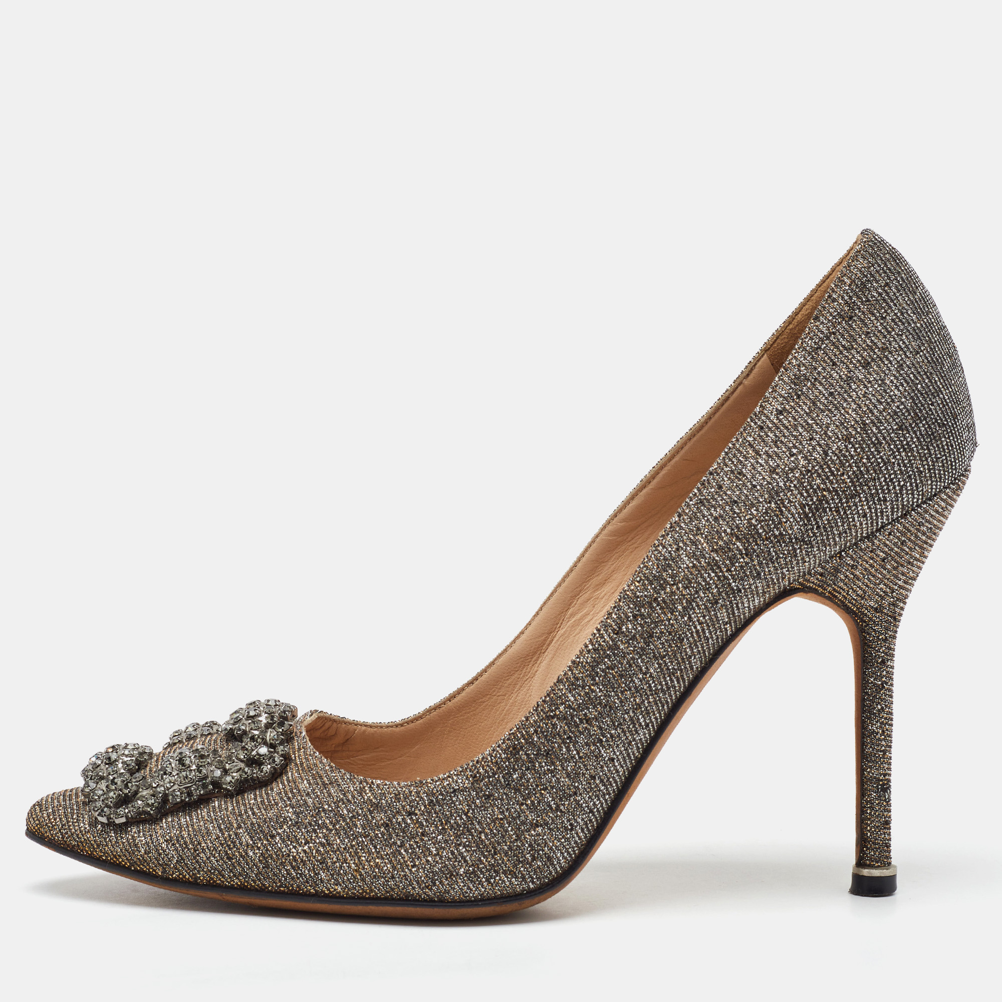 Pre-owned Manolo Blahnik Metallic Lurex Fabric Hangisi Crystal Embellished Pumps Size 38 In Silver