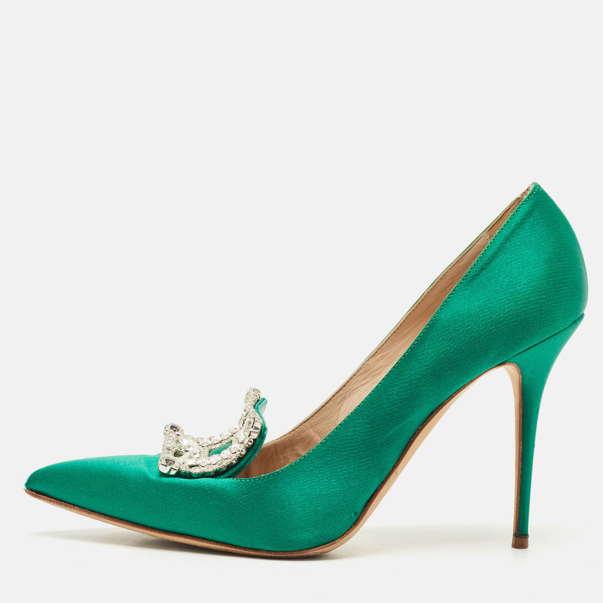 

Manolo Blahnik Green Satin Crystal Embellished Borlak Pumps Size