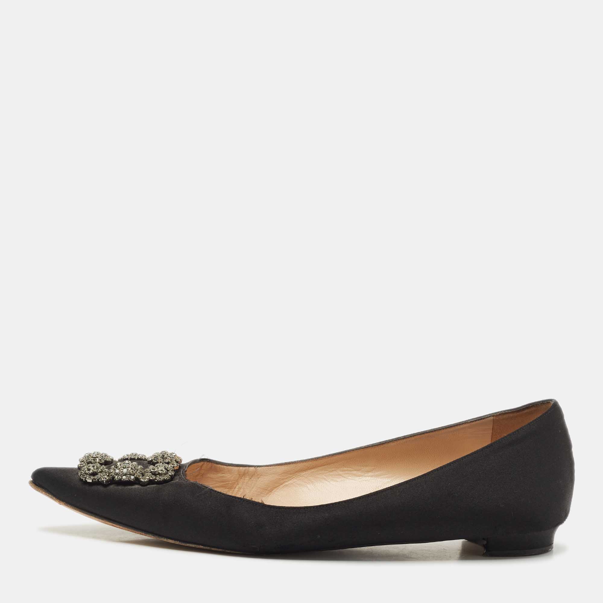 Pre-owned Manolo Blahnik Black Satin Hangisi Ballet Flats Size 42 In Blue