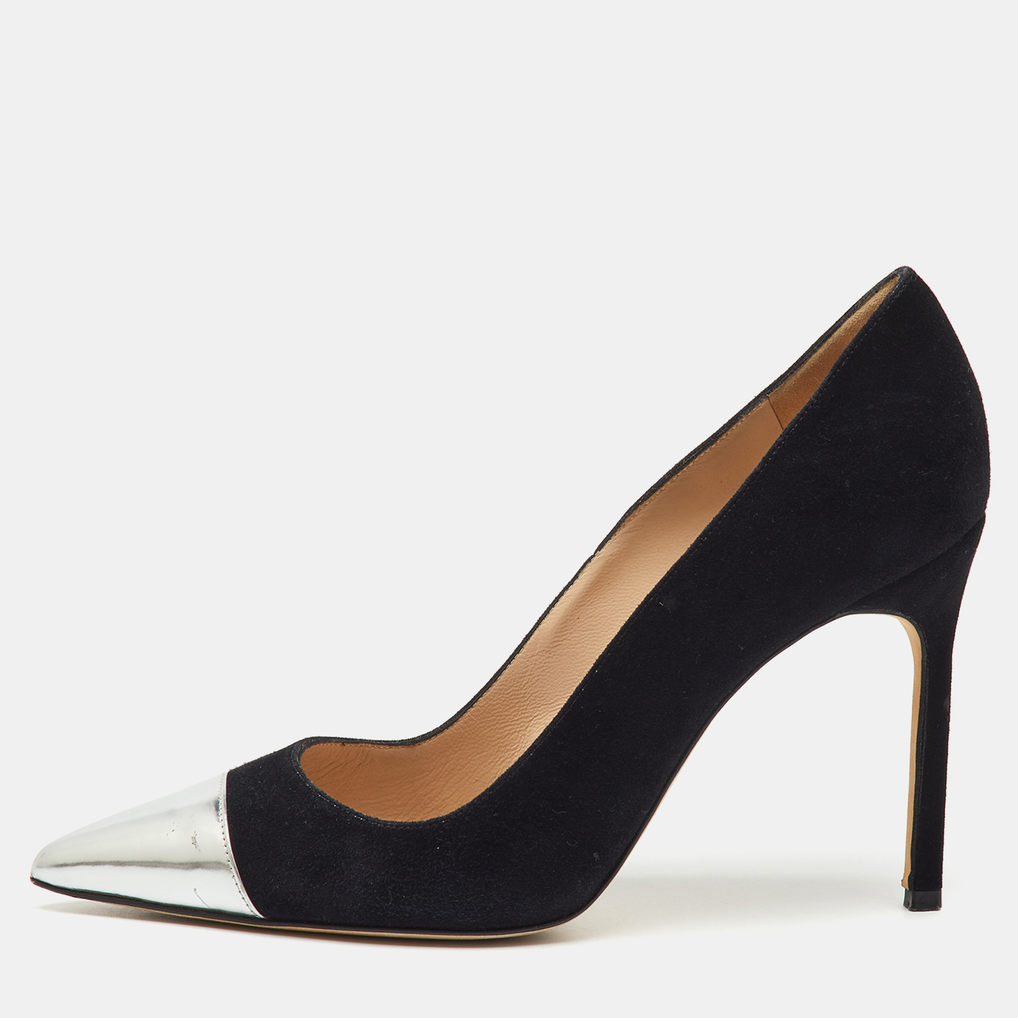 Pre-owned Manolo Blahnik Black/silver Suede And Leather Bipunta Cap-toe Pumps Size 37