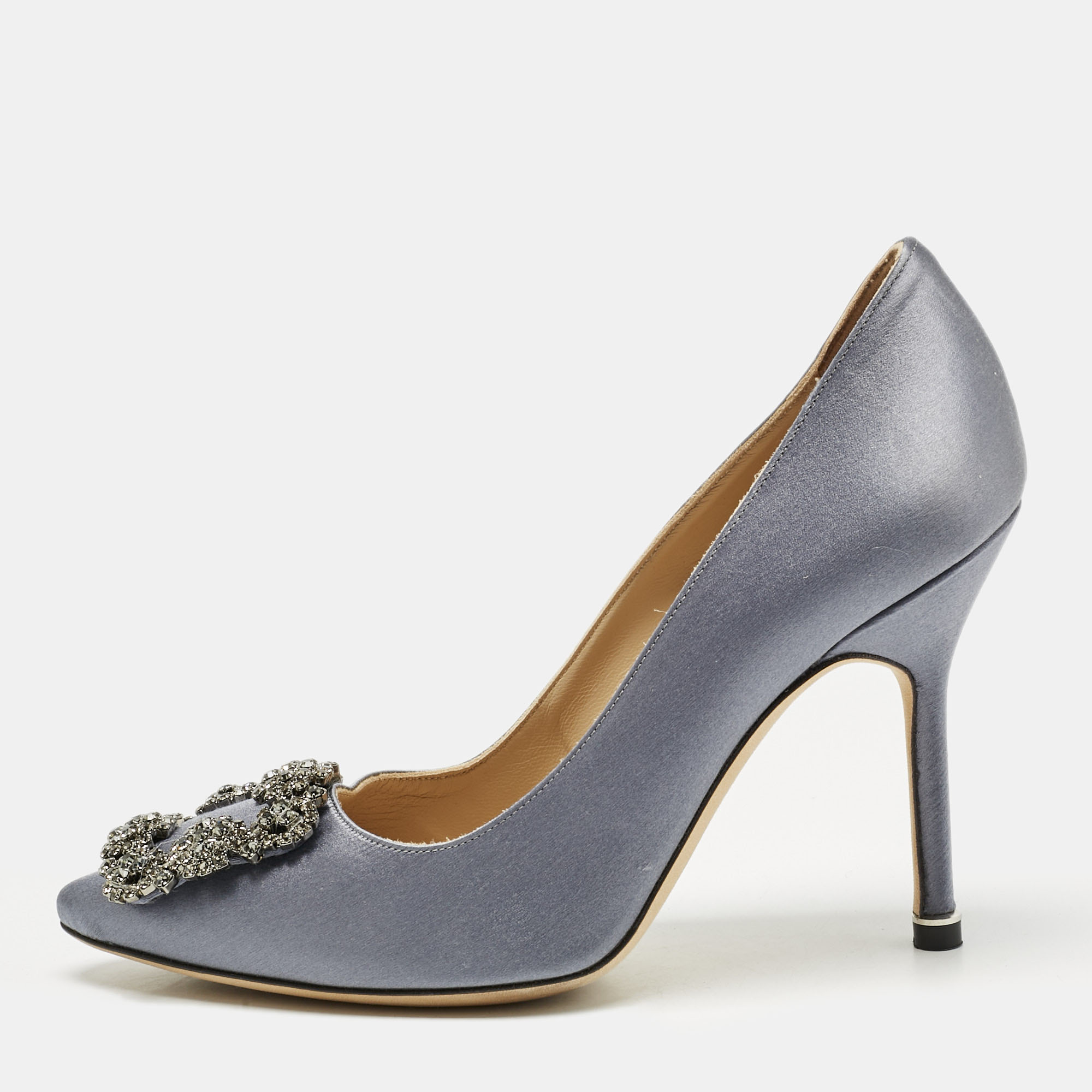 Pre-owned Manolo Blahnik Grey Satin Hangisi Pumps Size 35 In Gray
