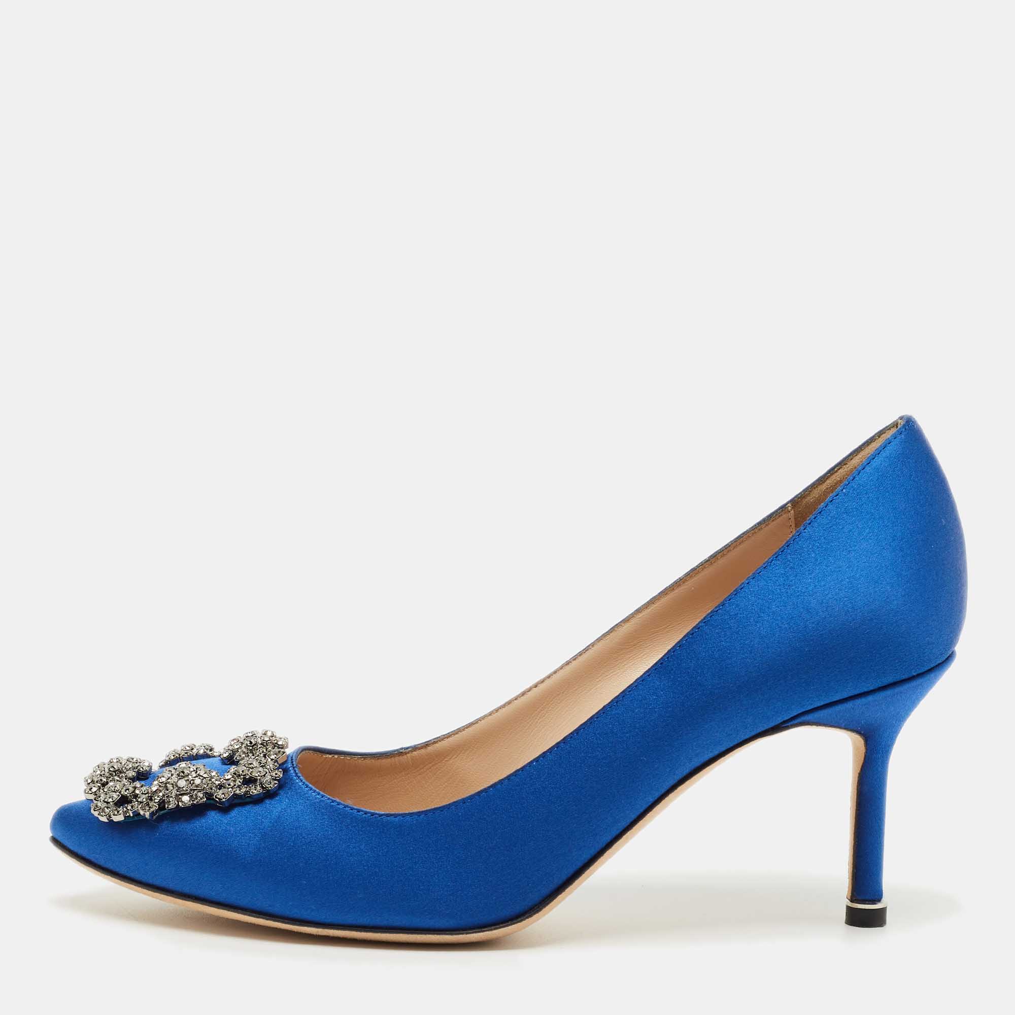 

Manolo Blahnik Blue Satin Hangisi Crystal Embellished Pumps Size
