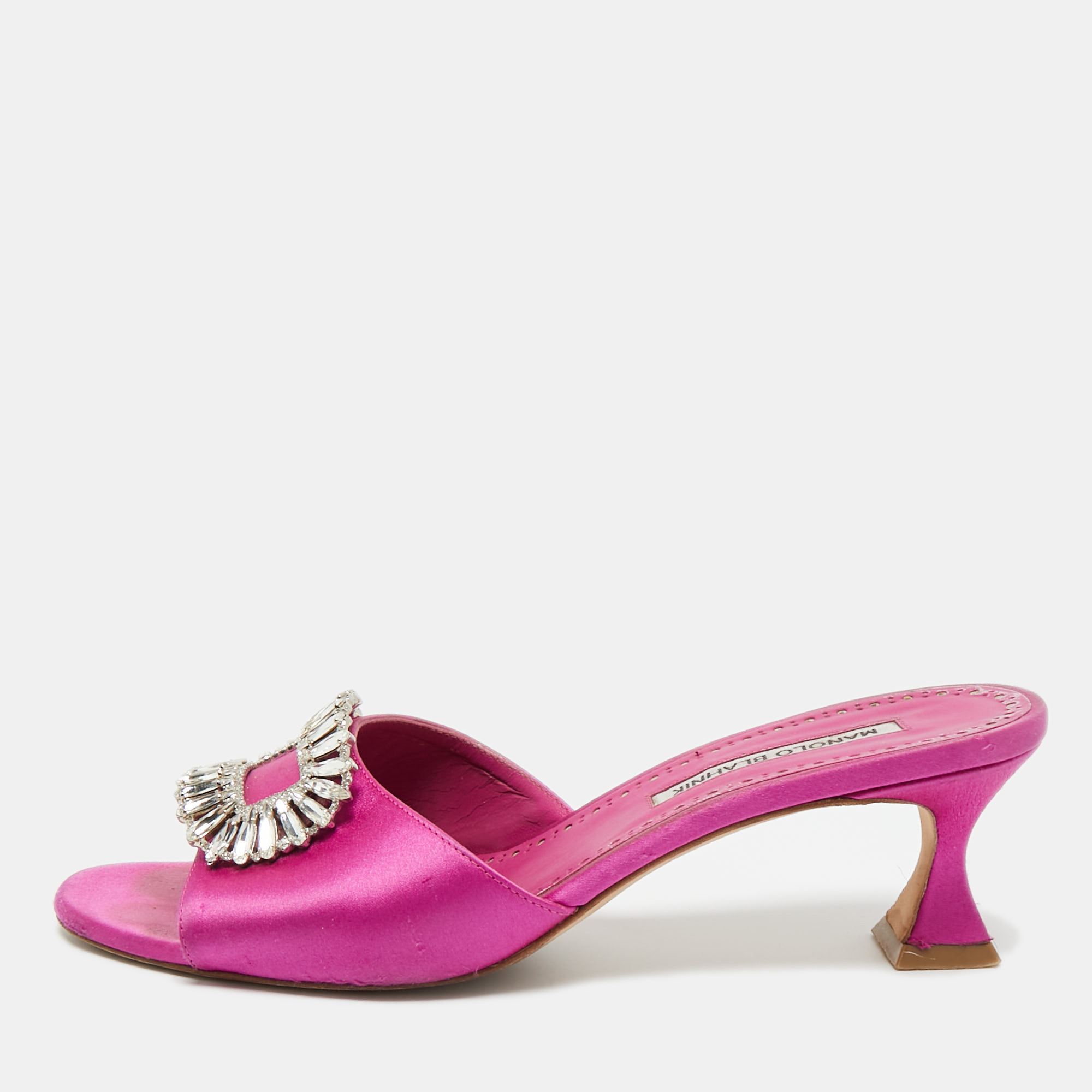 Pre-owned Manolo Blahnik Purple Satin Laalita Slide Sandals Size 38