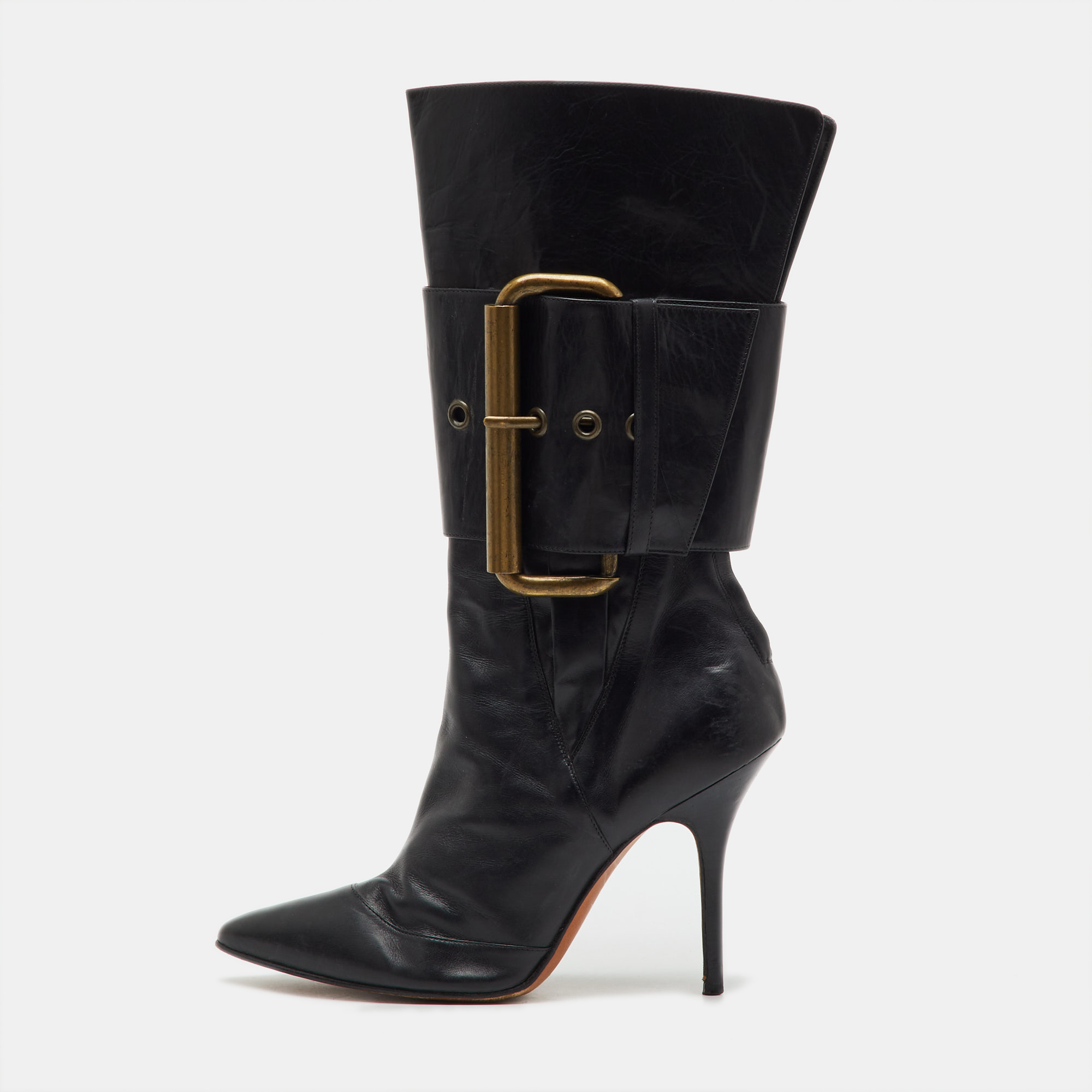 Pre-owned Manolo Blahnik Black Leather Buckle Strap Mid Calf Length Boots Size 38.5