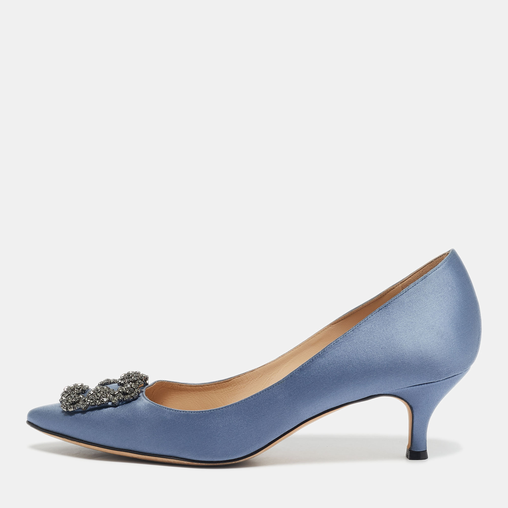 

Manolo Blahnik Blue Satin Hangisi Crystal Embellished Pumps Size