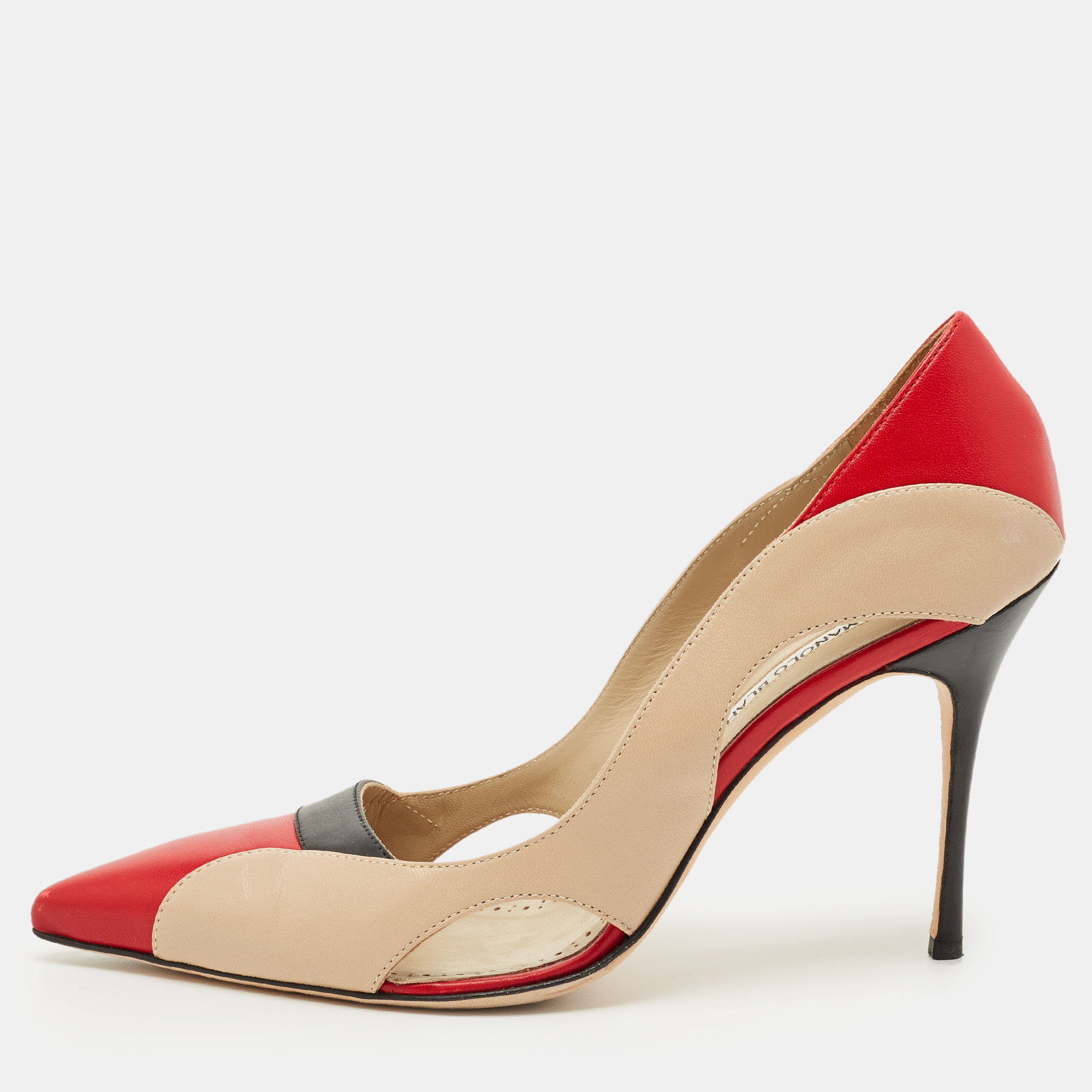 Pre-owned Manolo Blahnik Tricolor Cut Out Leather Vestala Pointed Toe Pumps Size 42 In Red