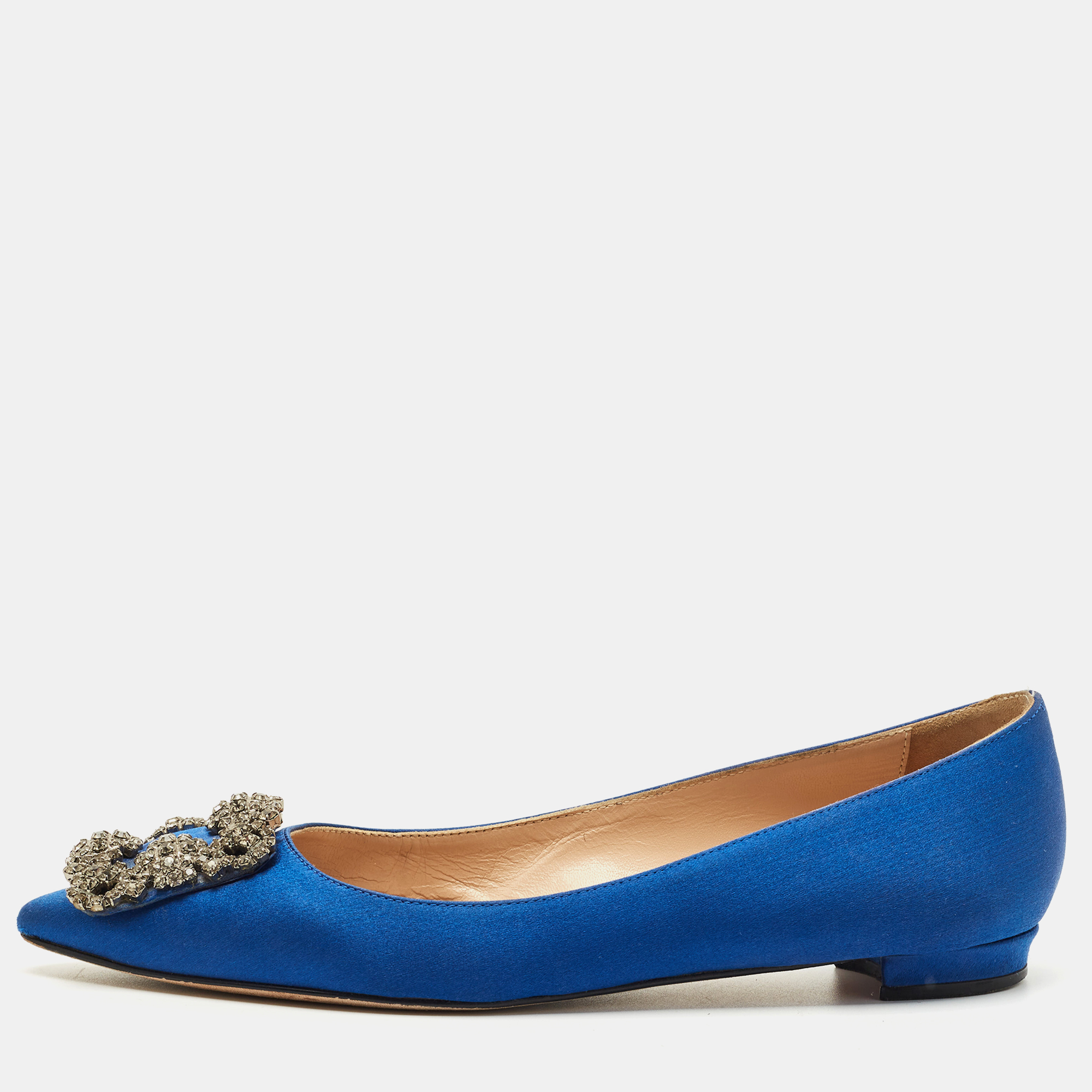 Pre-owned Manolo Blahnik Blue Satin Hangisi Ballet Flats Size 36