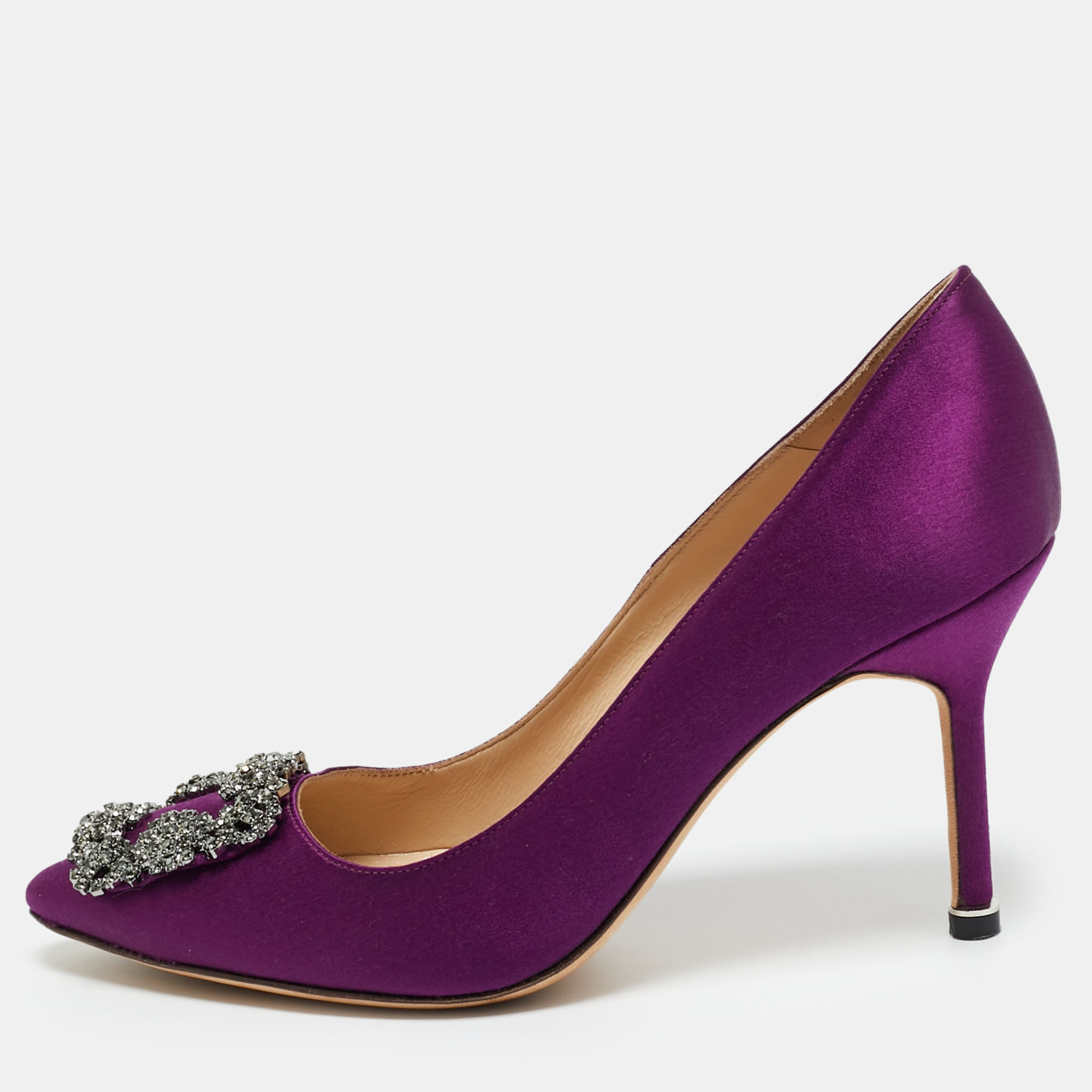 

Manolo Blahnik Purple Satin Hangisi Crystal Embellished Pumps Size