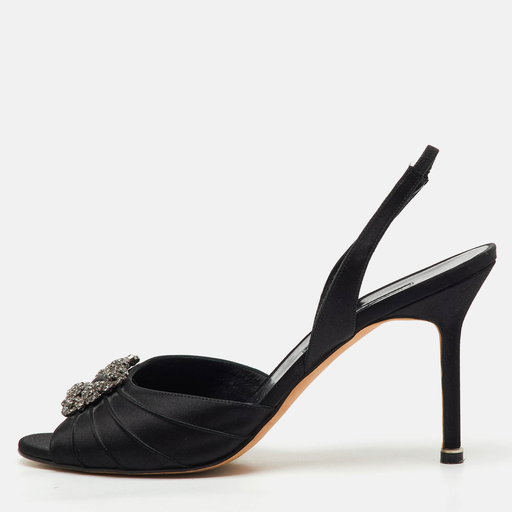 Pre-owned Manolo Blahnik Black Satin Cassia Peep Toe Slingback Sandals Size 40.5