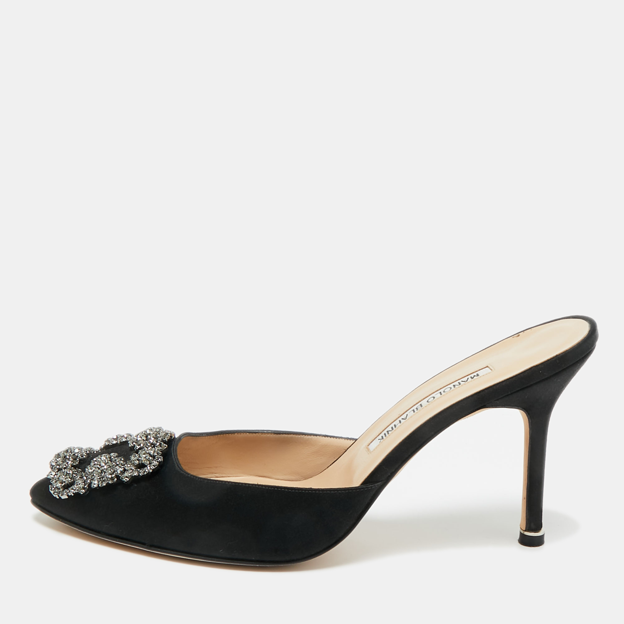 Pre-owned Manolo Blahnik Black Satin Hangisi Mules Sandals Size 38