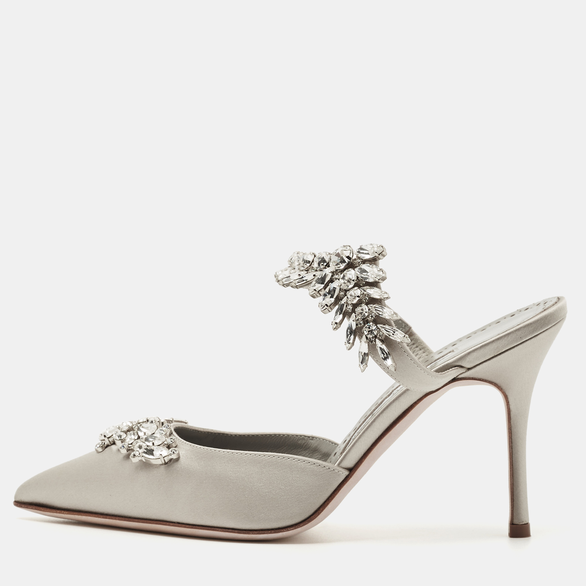 Pre-owned Manolo Blahnik Grey Satin Crystal Embellished Lurum Mules Size 36 In Gray