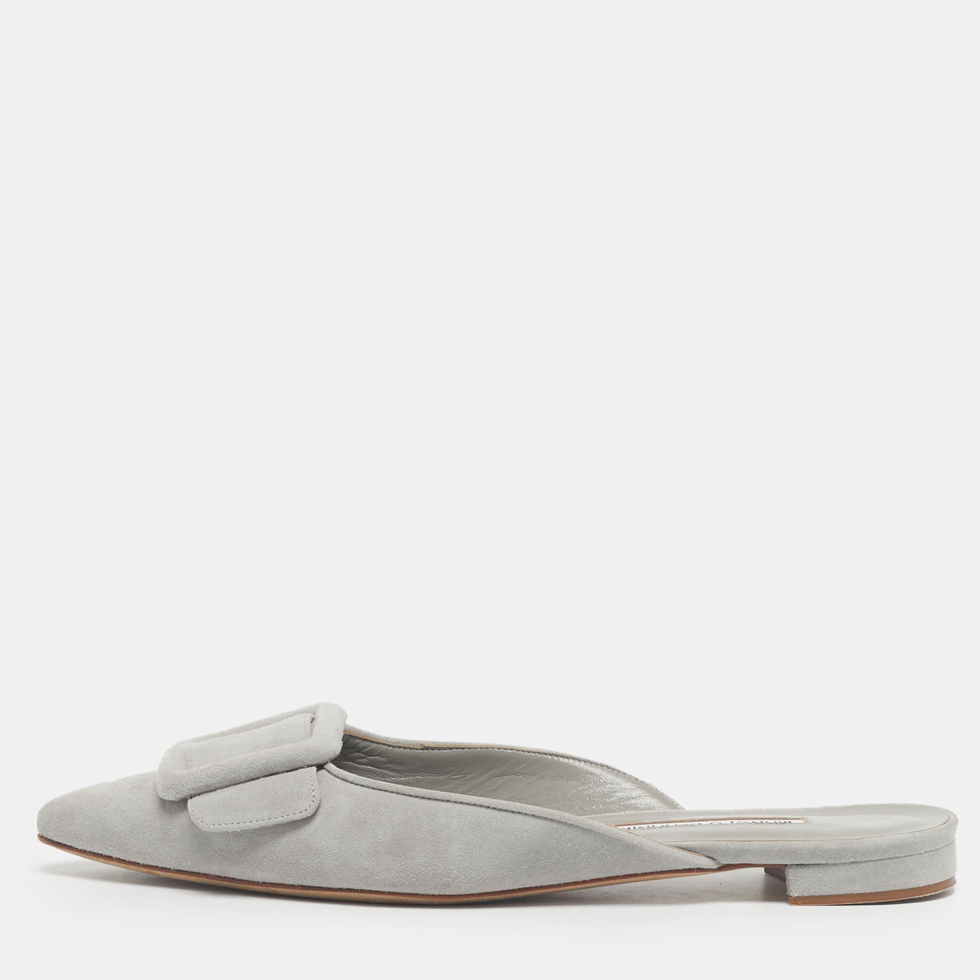 Pre-owned Manolo Blahnik Grey Suede Maysale Mules Size 38.5 In Gray