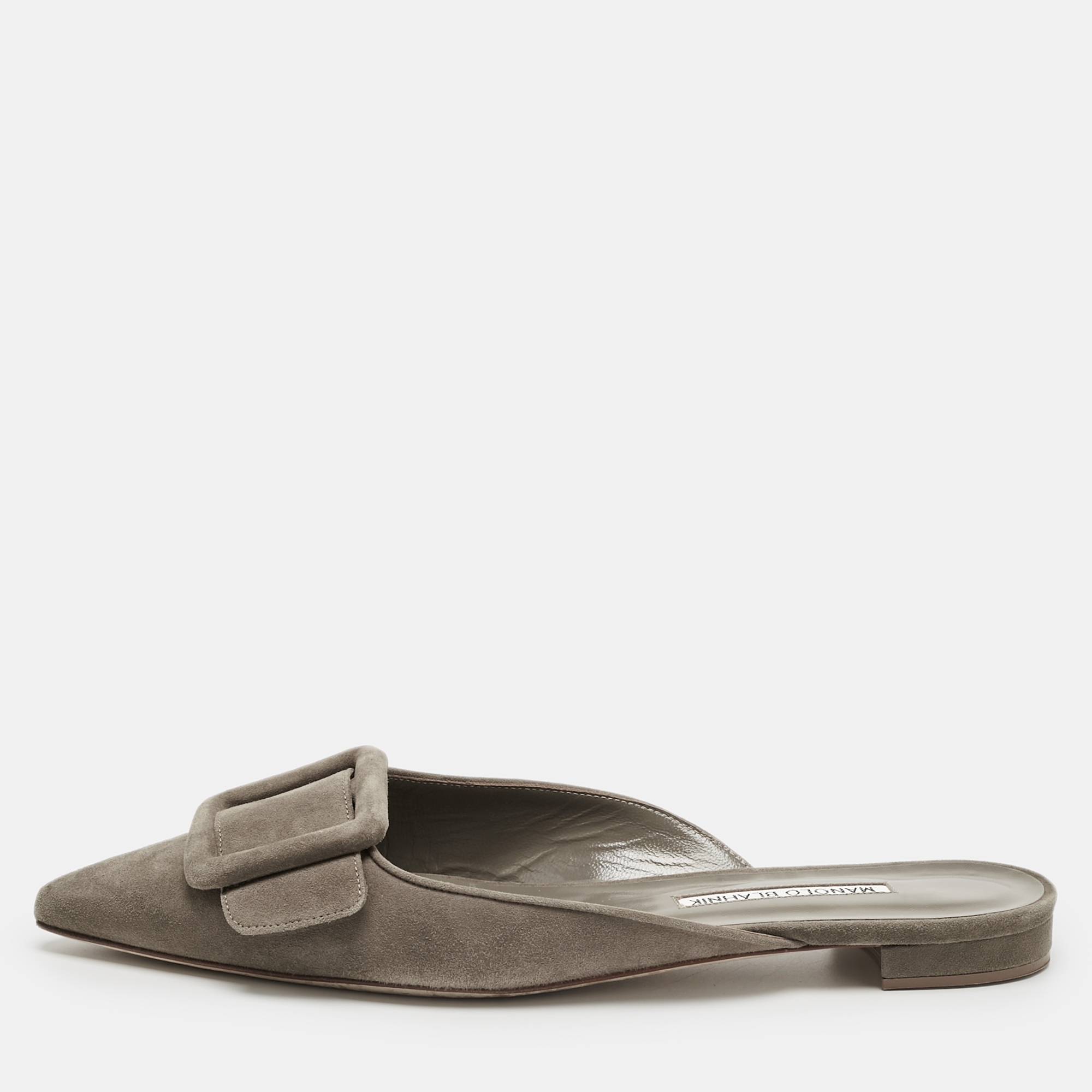 Pre-owned Manolo Blahnik Grey Suede Maysale Flat Mules Size 38.5 In Gray