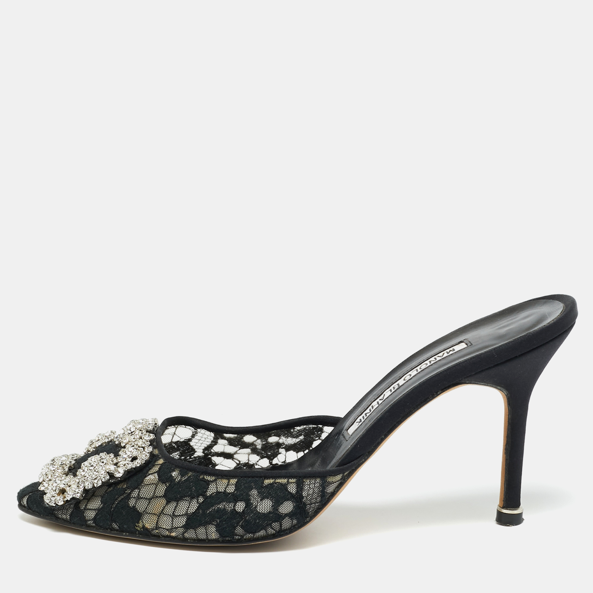 Pre-owned Manolo Blahnik Black Lace And Mesh Hangisi Mules Size 36.5