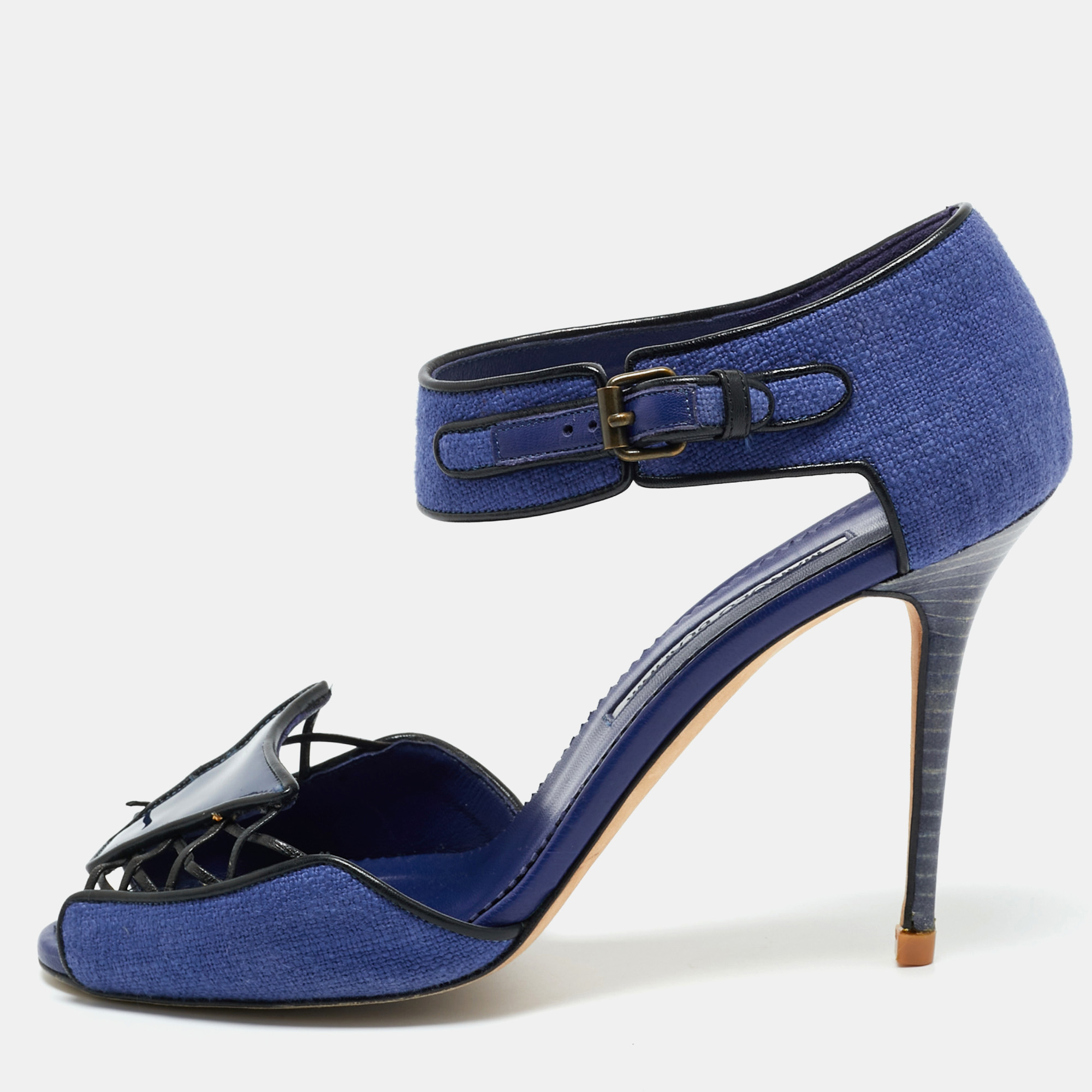 Pre-owned Manolo Blahnik Navy Blue Fabric And Patent Leather Ankle Strap Sandals Size 37.5