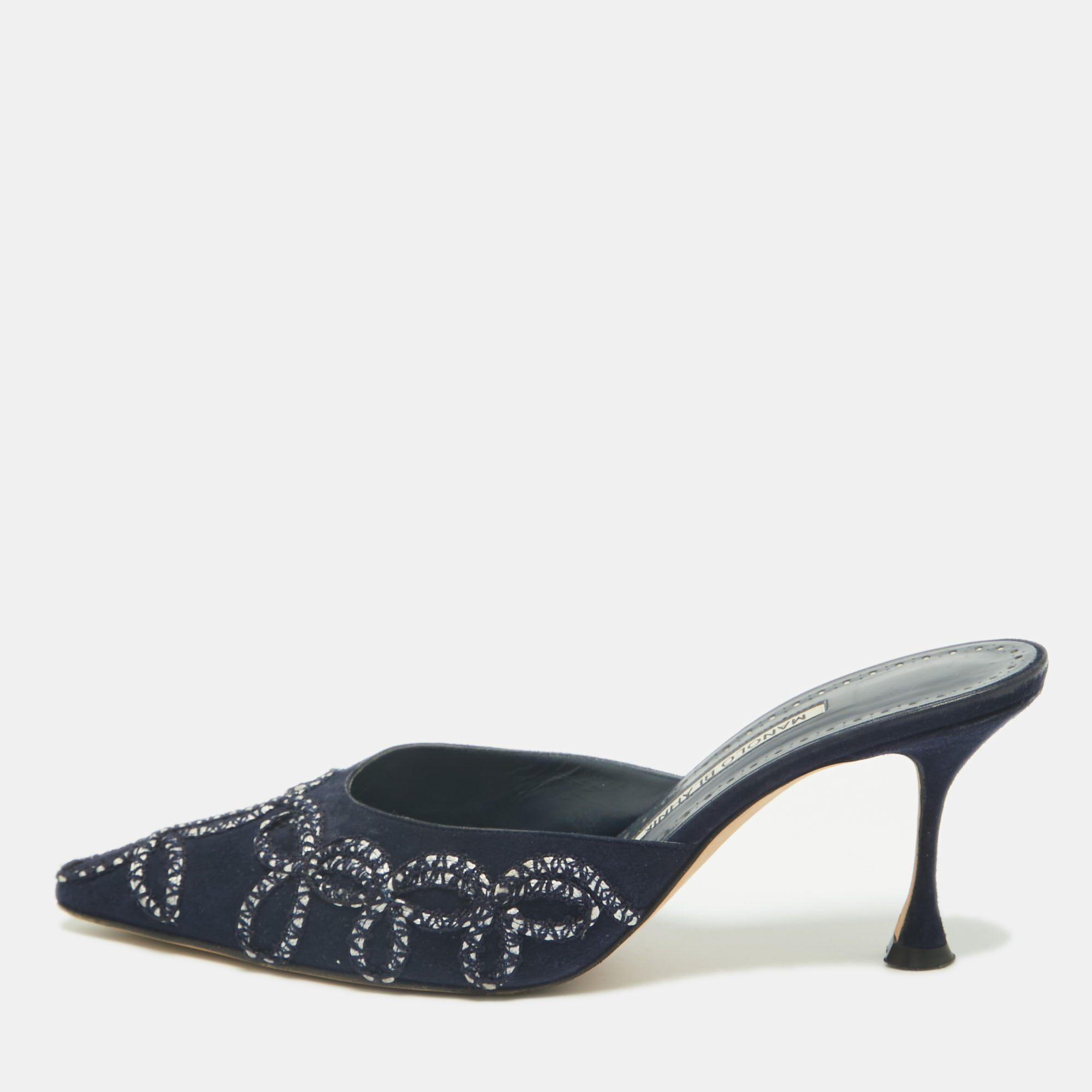Pre-owned Manolo Blahnik Navy Blue Suede Mules Size 38.5