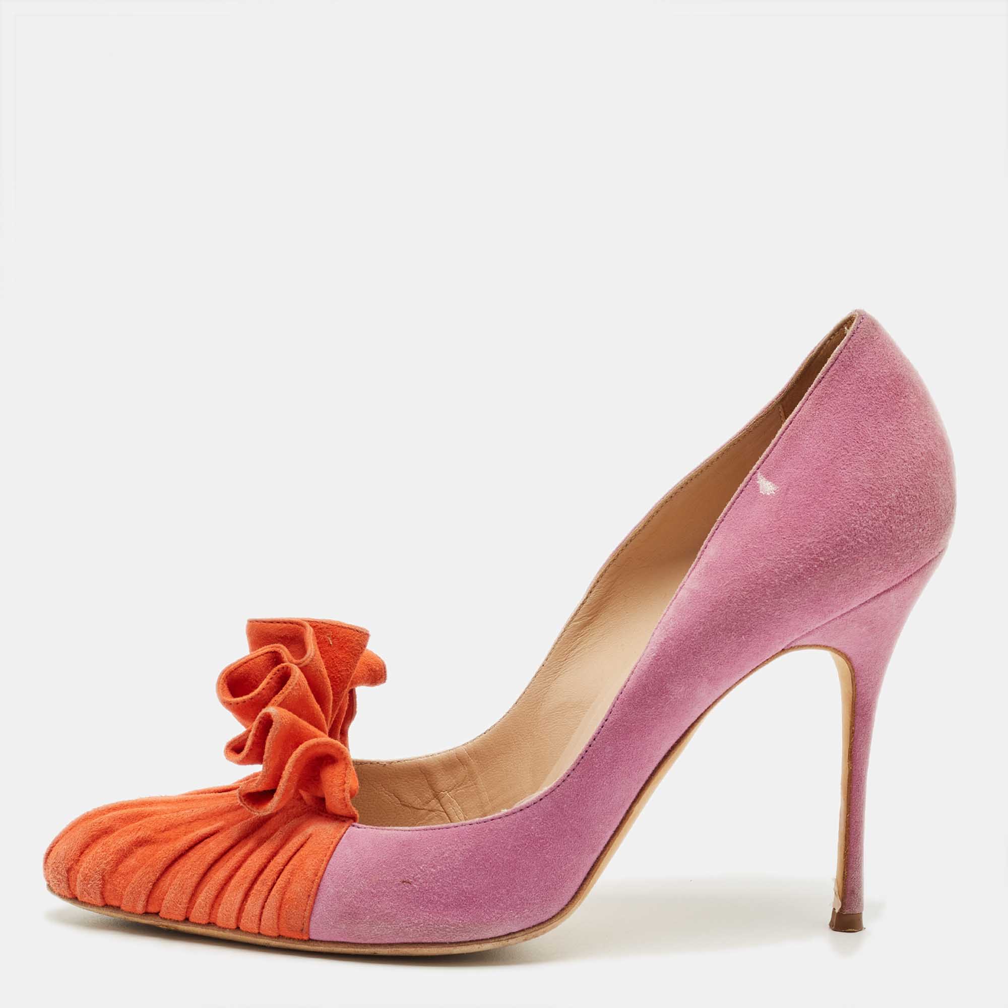 

Manolo Blahnik Purple/Orange Suede Ruffle Pumps Size