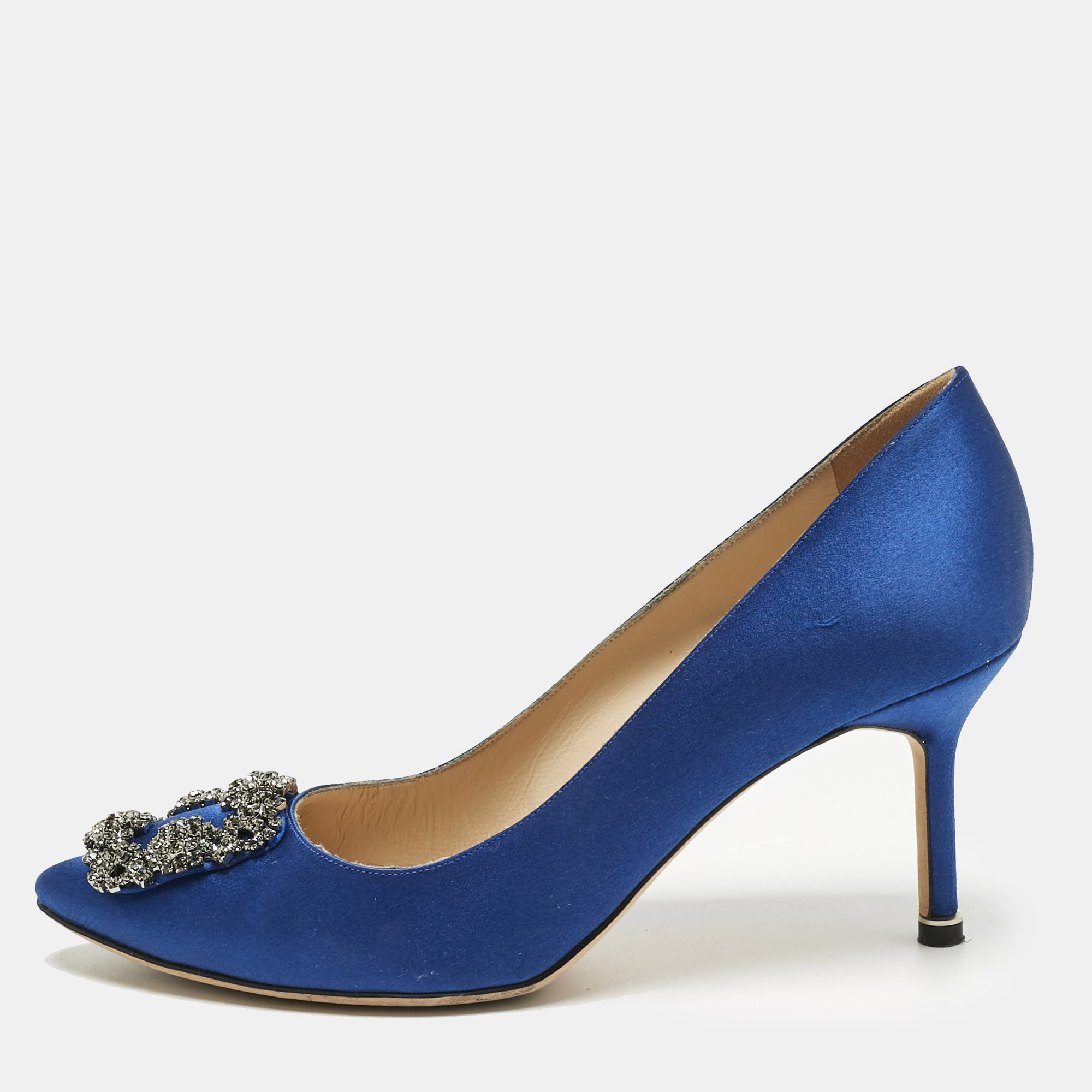 

Manolo Blahnik Blue Satin Hangisi Crystal Embellished Pumps Size
