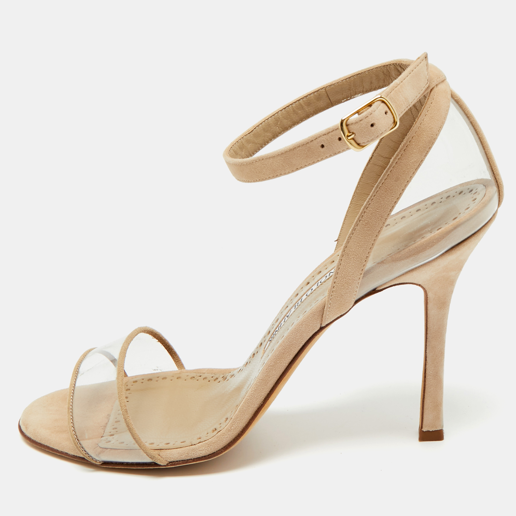 

Manolo Blahnik Beige PVC and Suede Ankle Strap Sandals Size