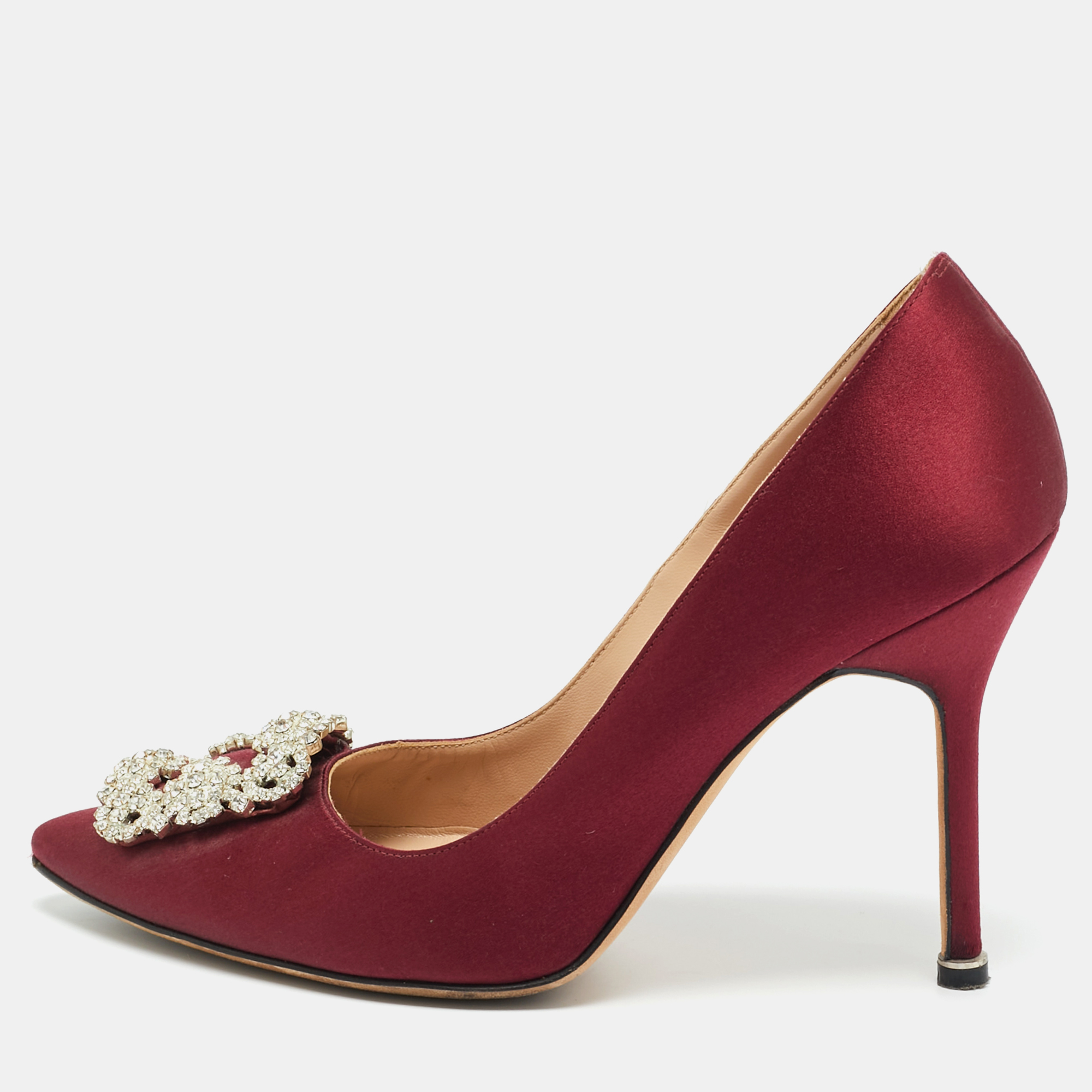 

Manolo Blahnik Burgundy Satin Hangisi Crystal Embellished Pumps Size, Blue