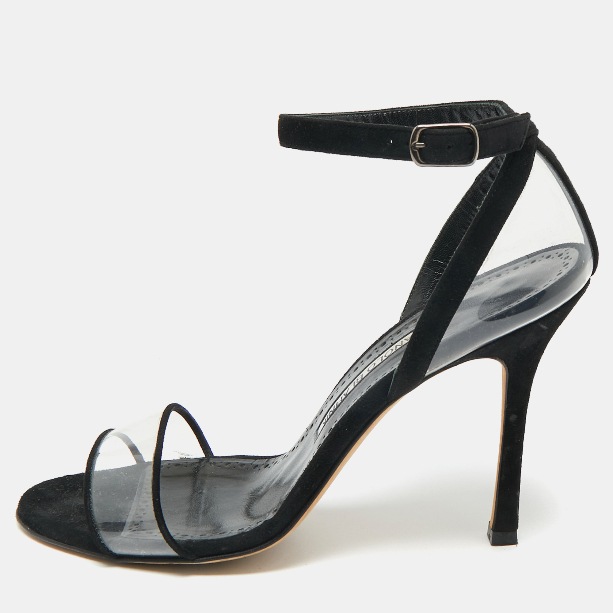 Pre-owned Manolo Blahnik Transparent Pvc And Suede Ankle Strap Sandals Size 38