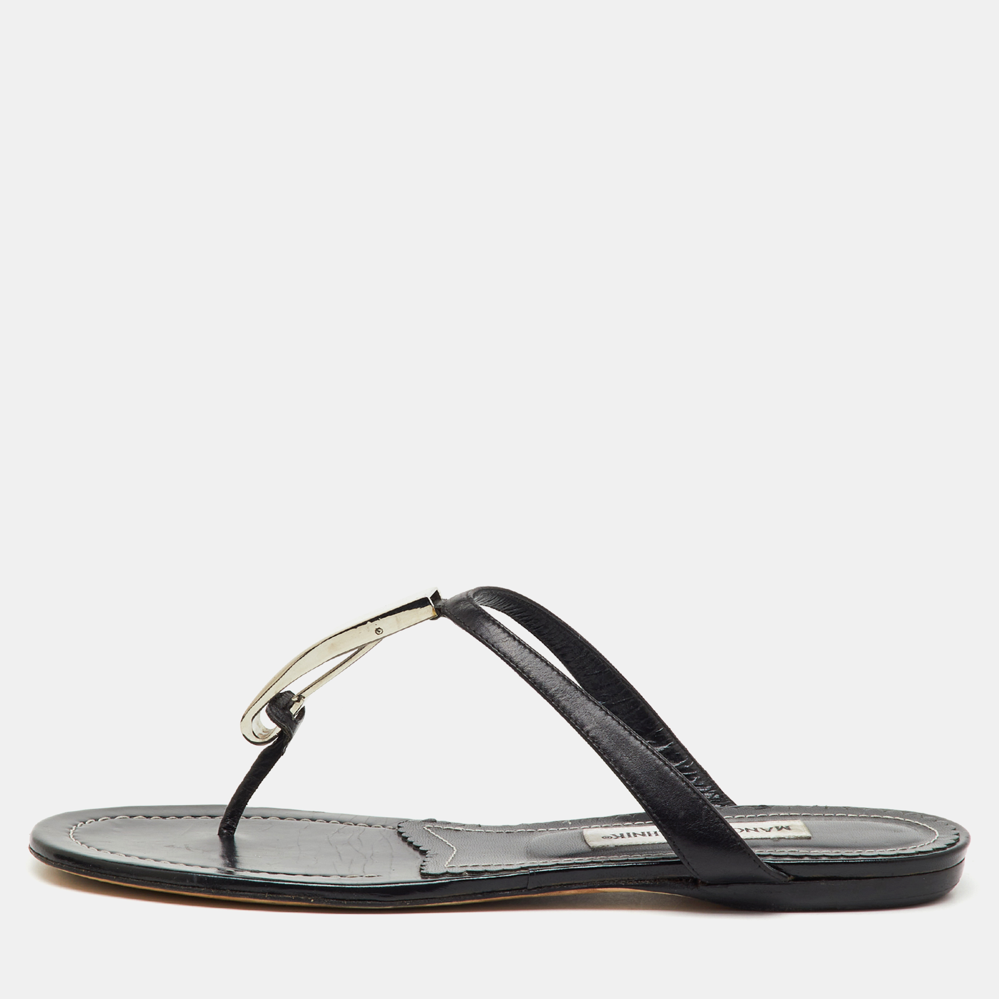 Pre-owned Manolo Blahnik Black Leather Flat Thong Sandals Size 40