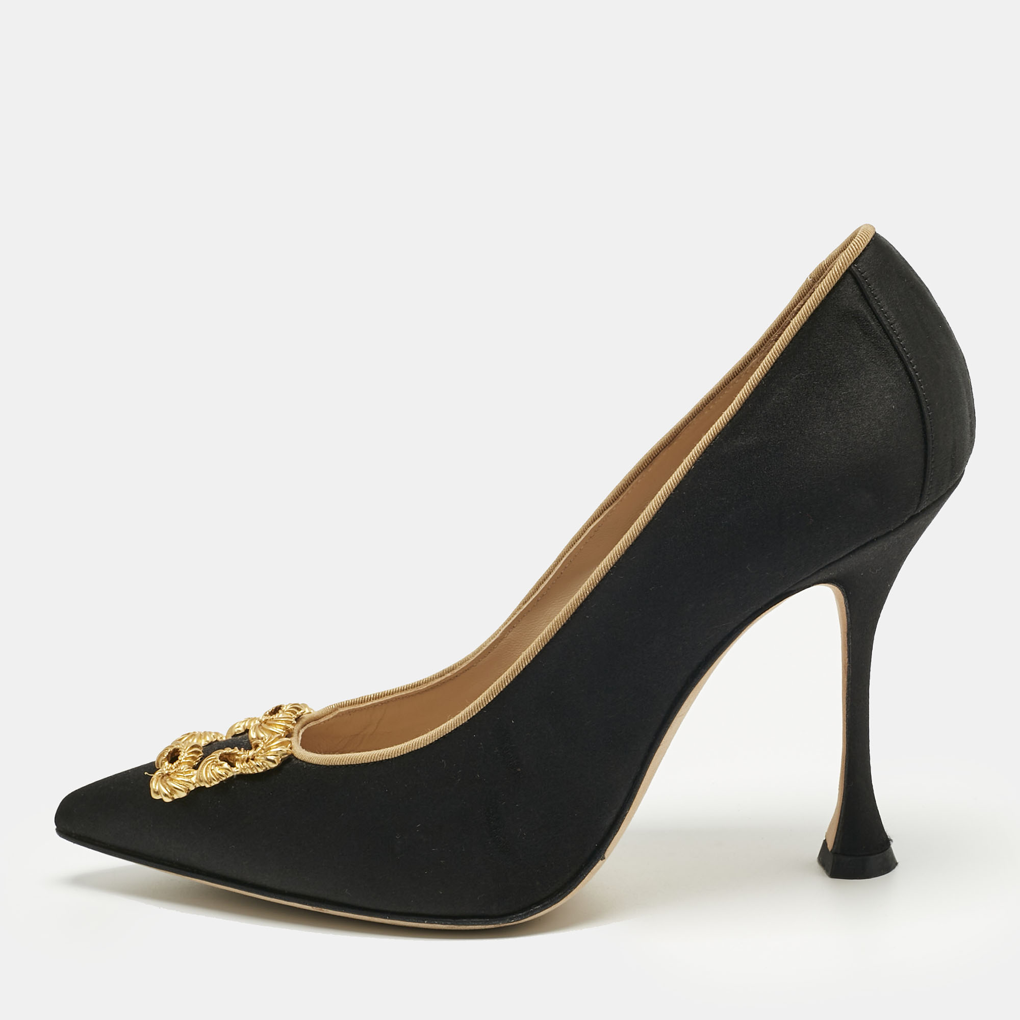 

Manolo Blahnik Black Satin Hangisi Crystal Embellished Pumps Size