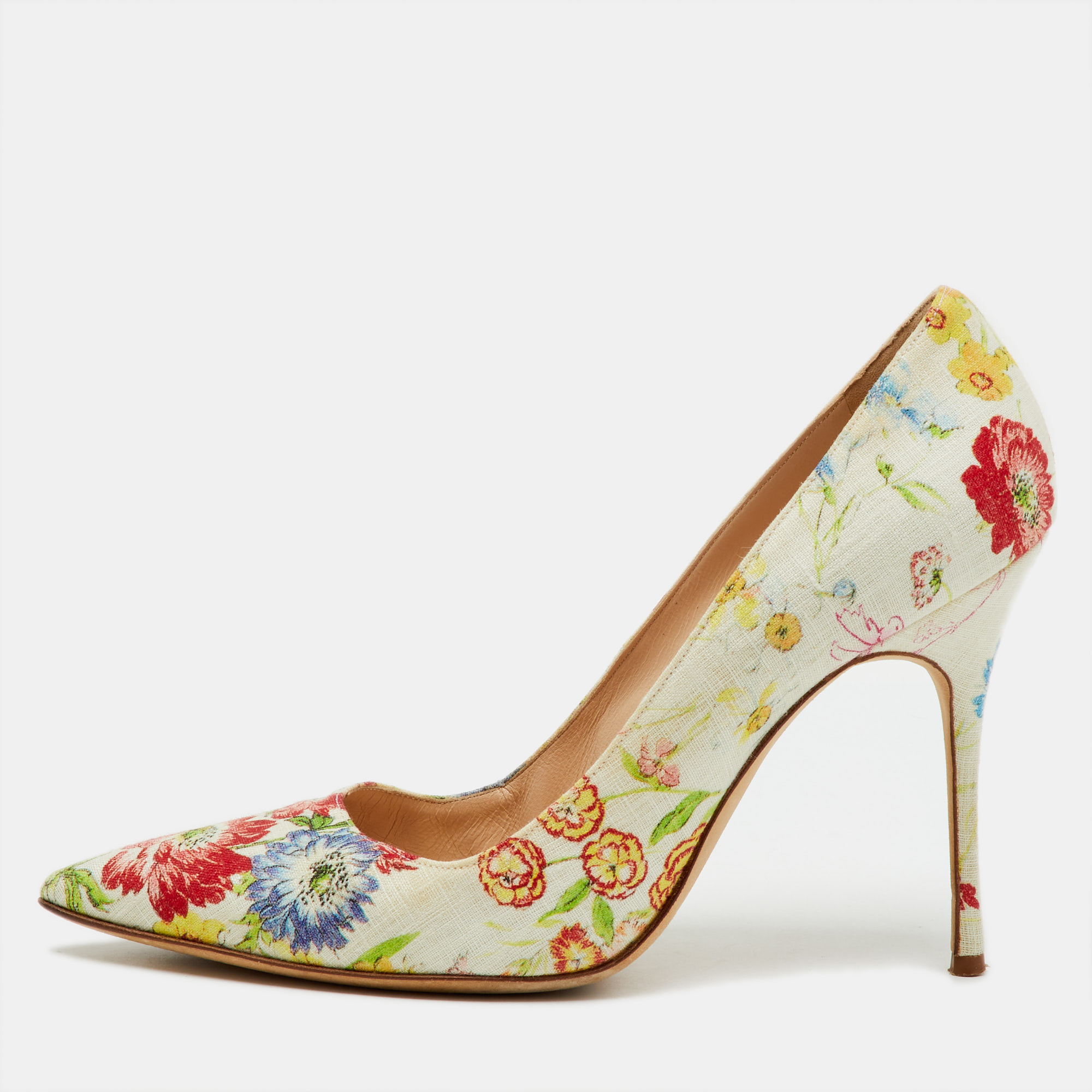 Pre-owned Manolo Blahnik Multicolor Floral Printed Canvas Bb Pointed Toe Pumps Size 40