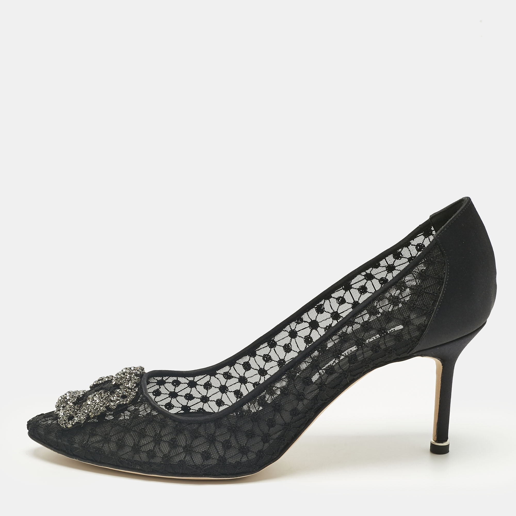 Pre-owned Manolo Blahnik Black Mesh And Satin Hangisi Pumps Size 42