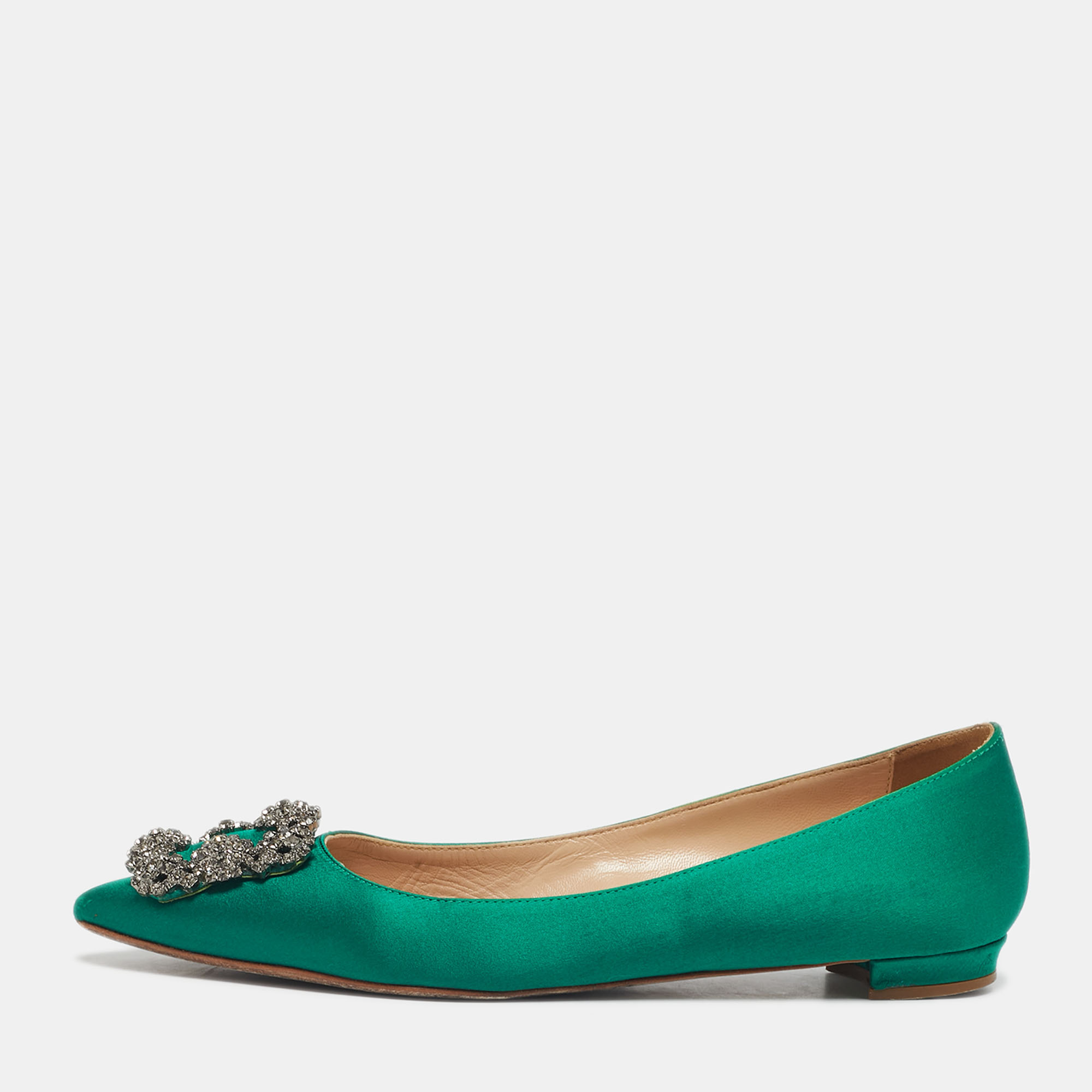 Pre-owned Manolo Blahnik Green Satin Hangisi Ballet Flats Size 37.5
