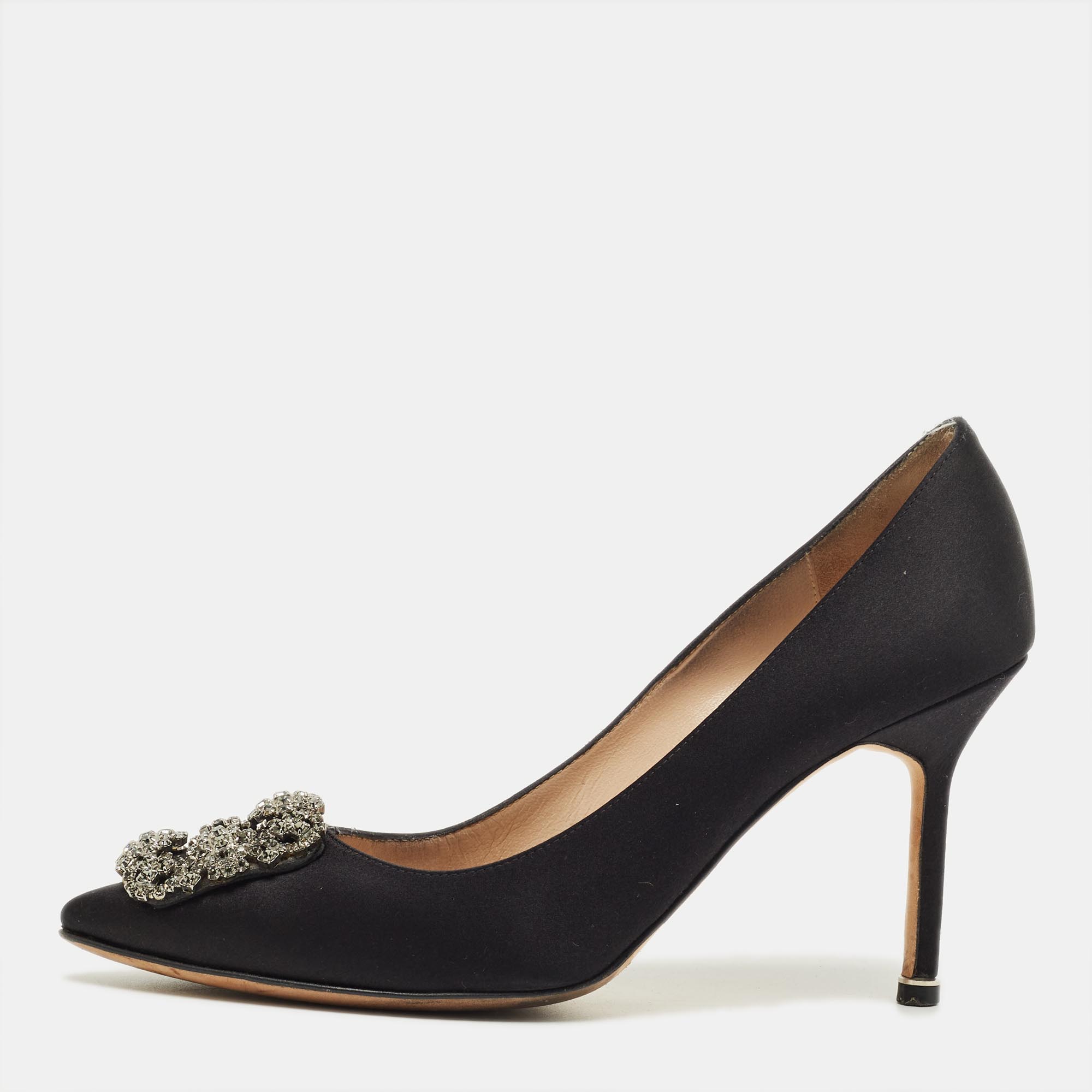 Pre-owned Manolo Blahnik Black Satin Hangisi Crystal Embellished Pumps Size 38.5