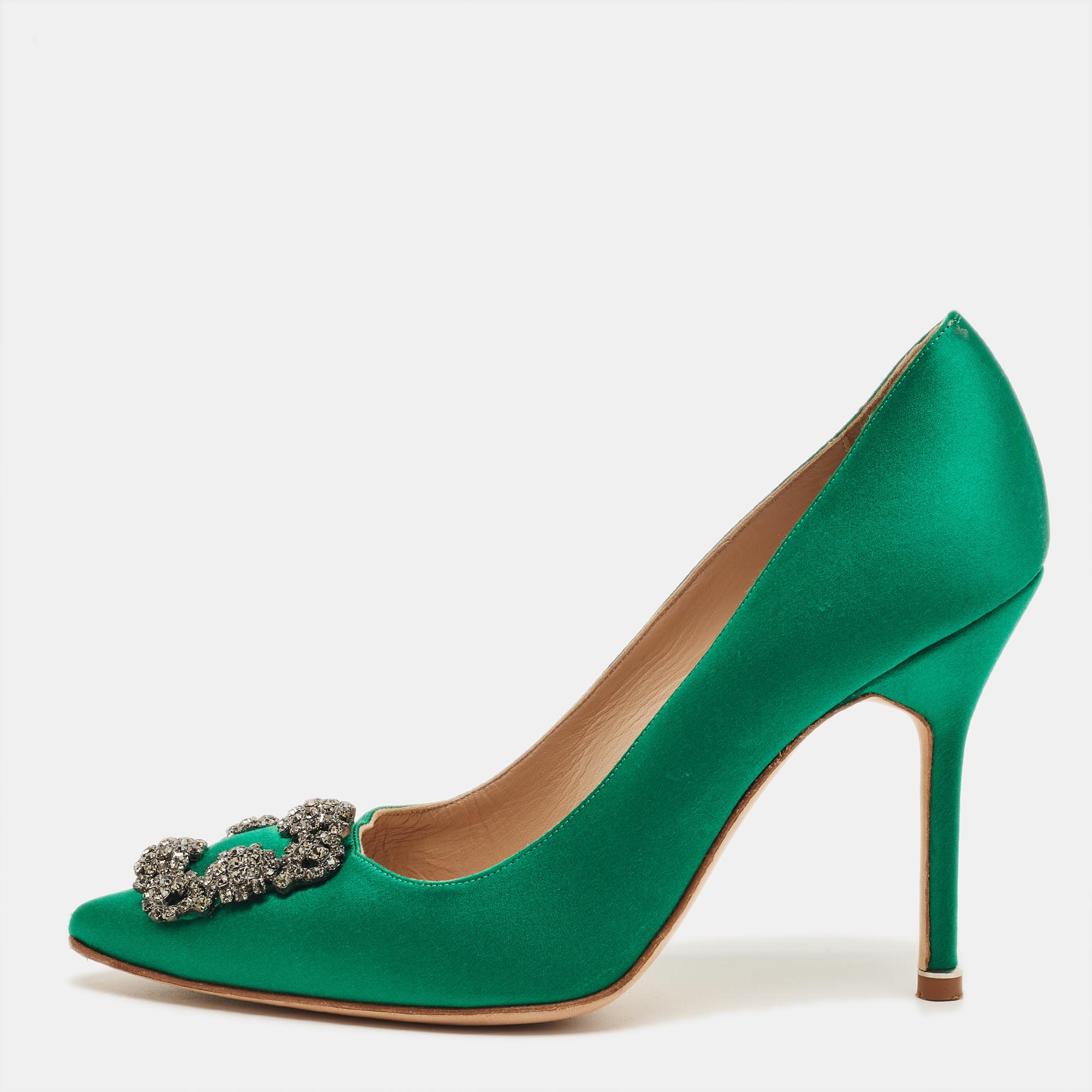 Pre-owned Manolo Blahnik Green Satin Hangisi Pumps Size 38.5