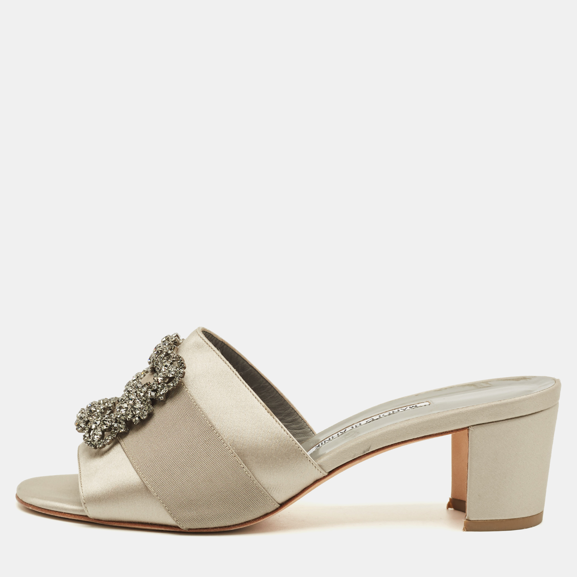 Pre-owned Manolo Blahnik Grey Satin Martamod Slide Sandals Size 40.5 In Gray