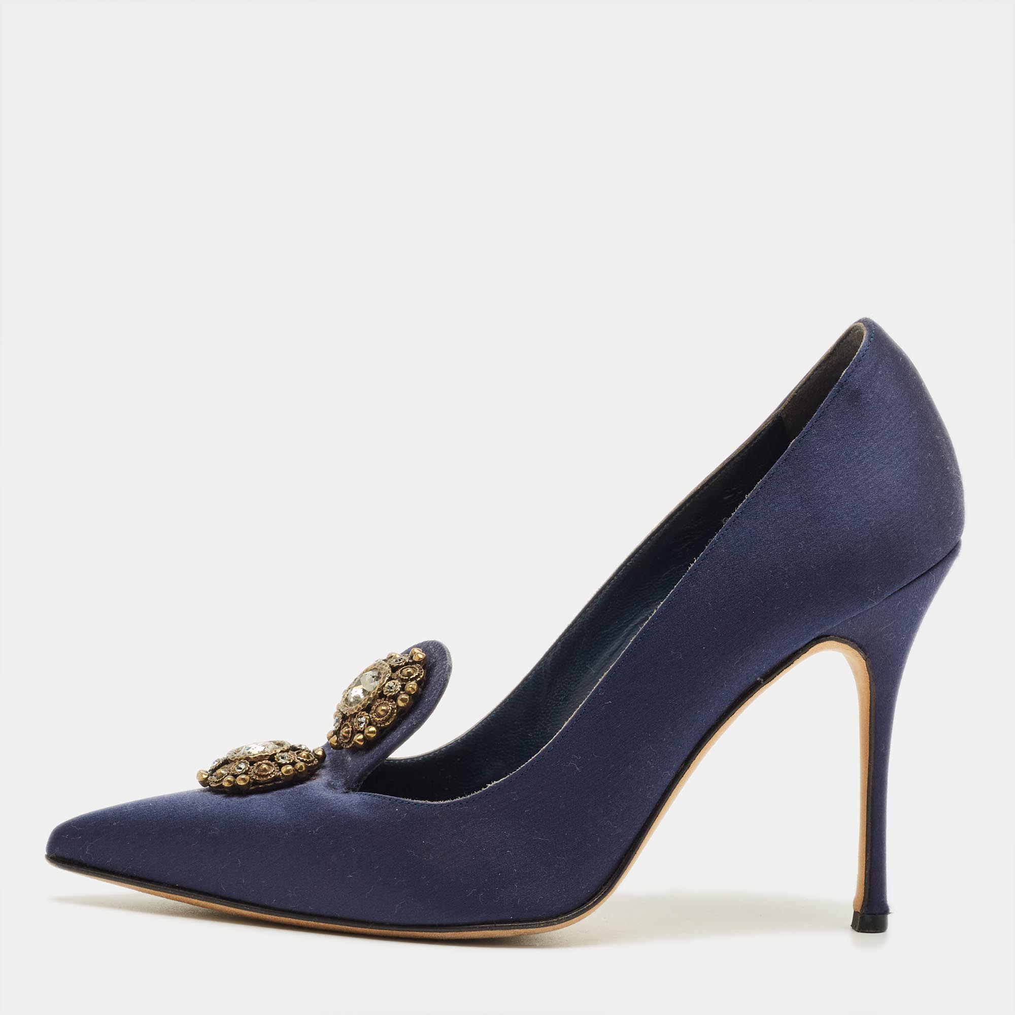 

Manolo Blahnik Size  Navy Blue Satin Crystal Embellished Pumps