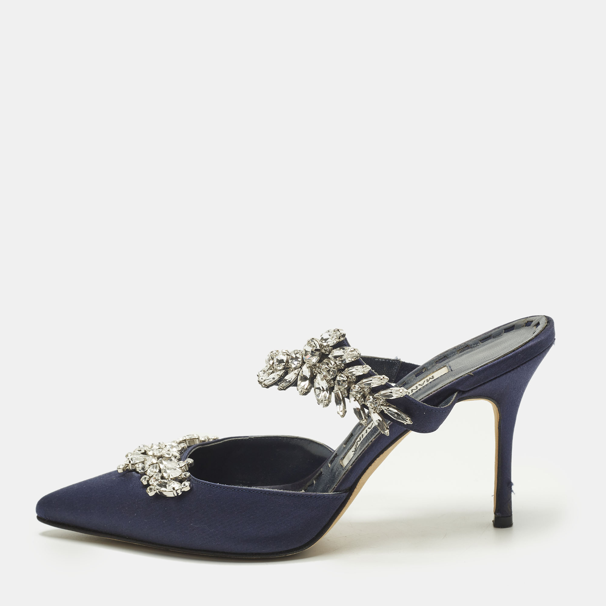 

Manolo Blahnik Lurum Size  Navy Blue Satin Heel Mules