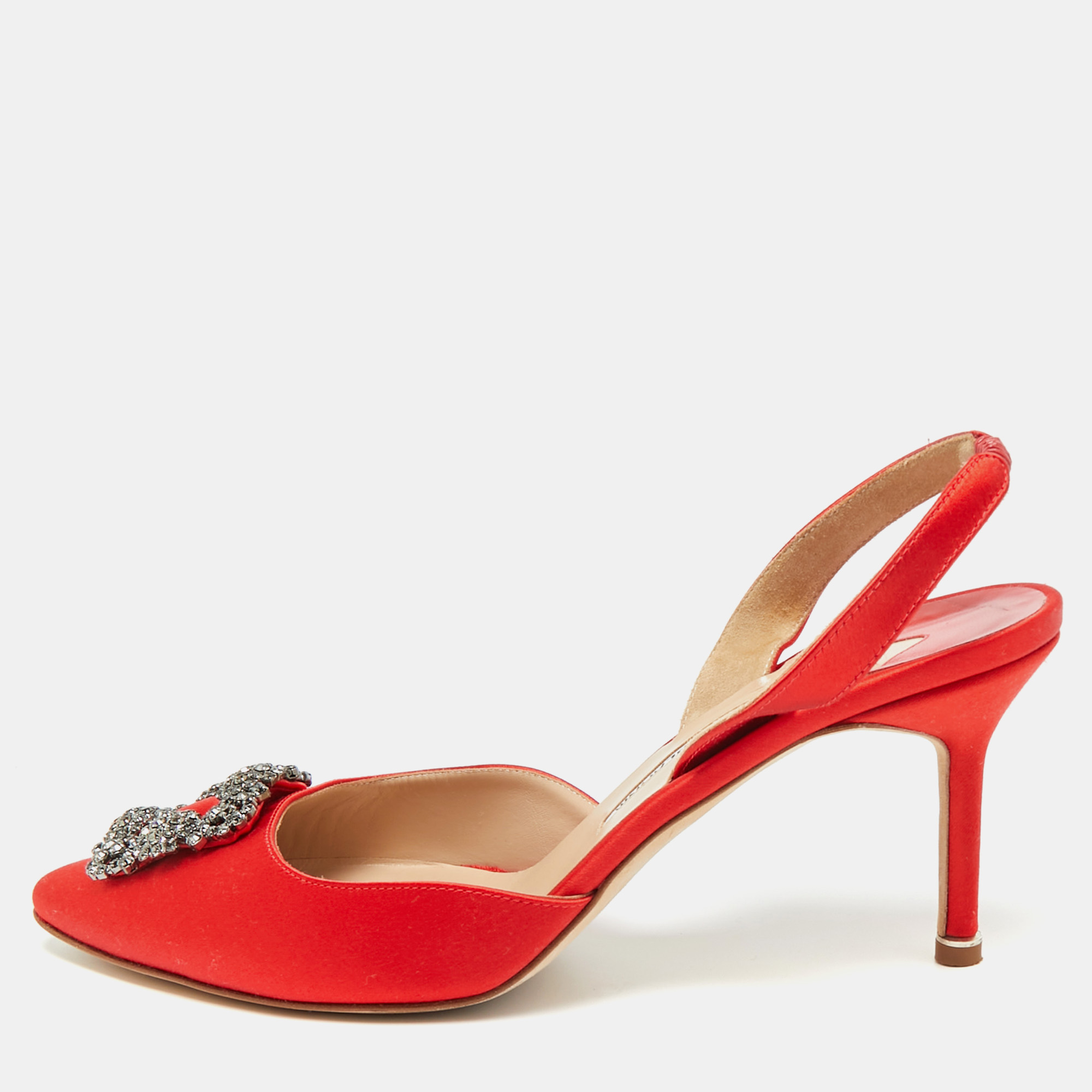 

Manolo Blahnik Hangisi Size  Red Satin Slingback Pumps