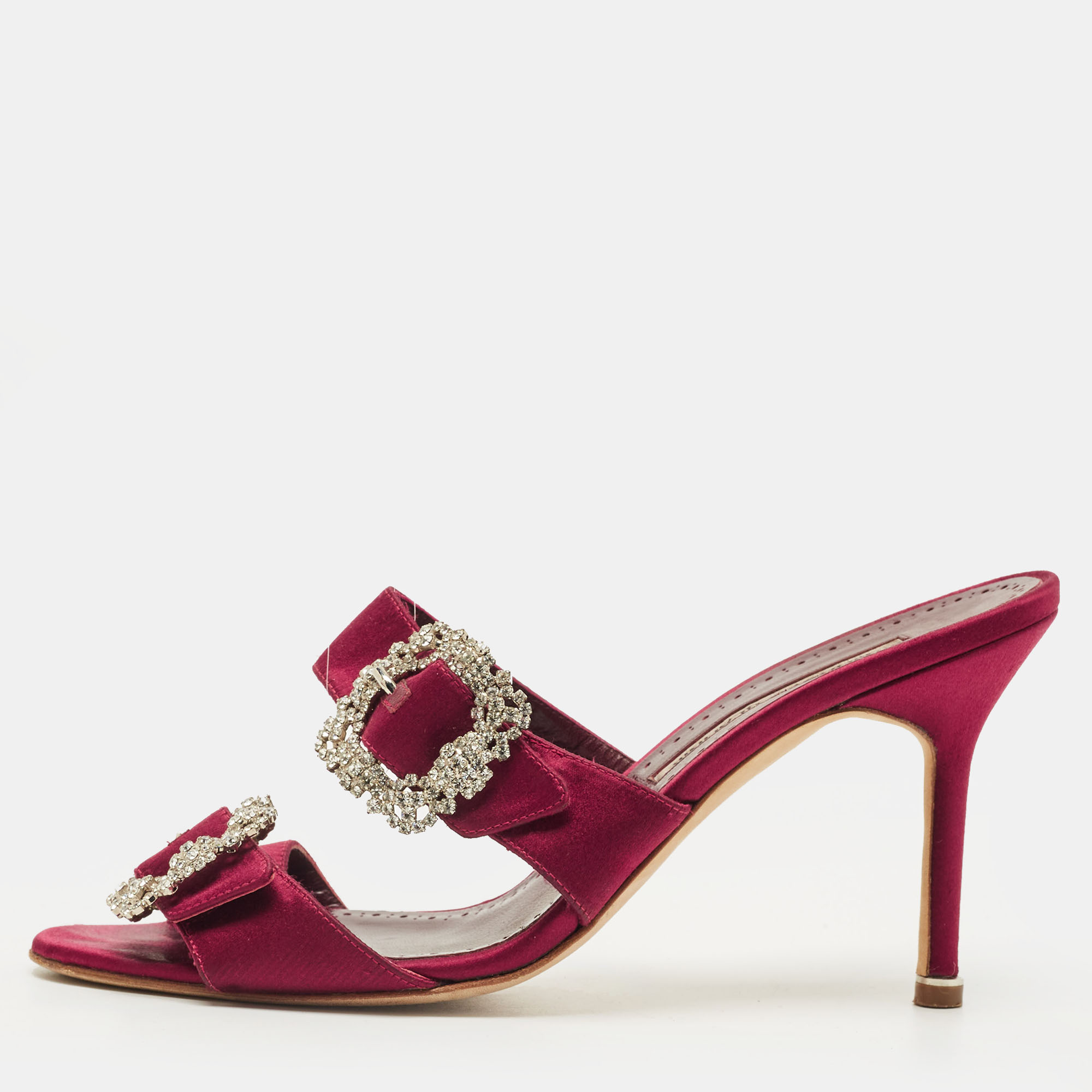 Pre-owned Manolo Blahnik Gable Size 39 Burgundy Satin Slide Sandals