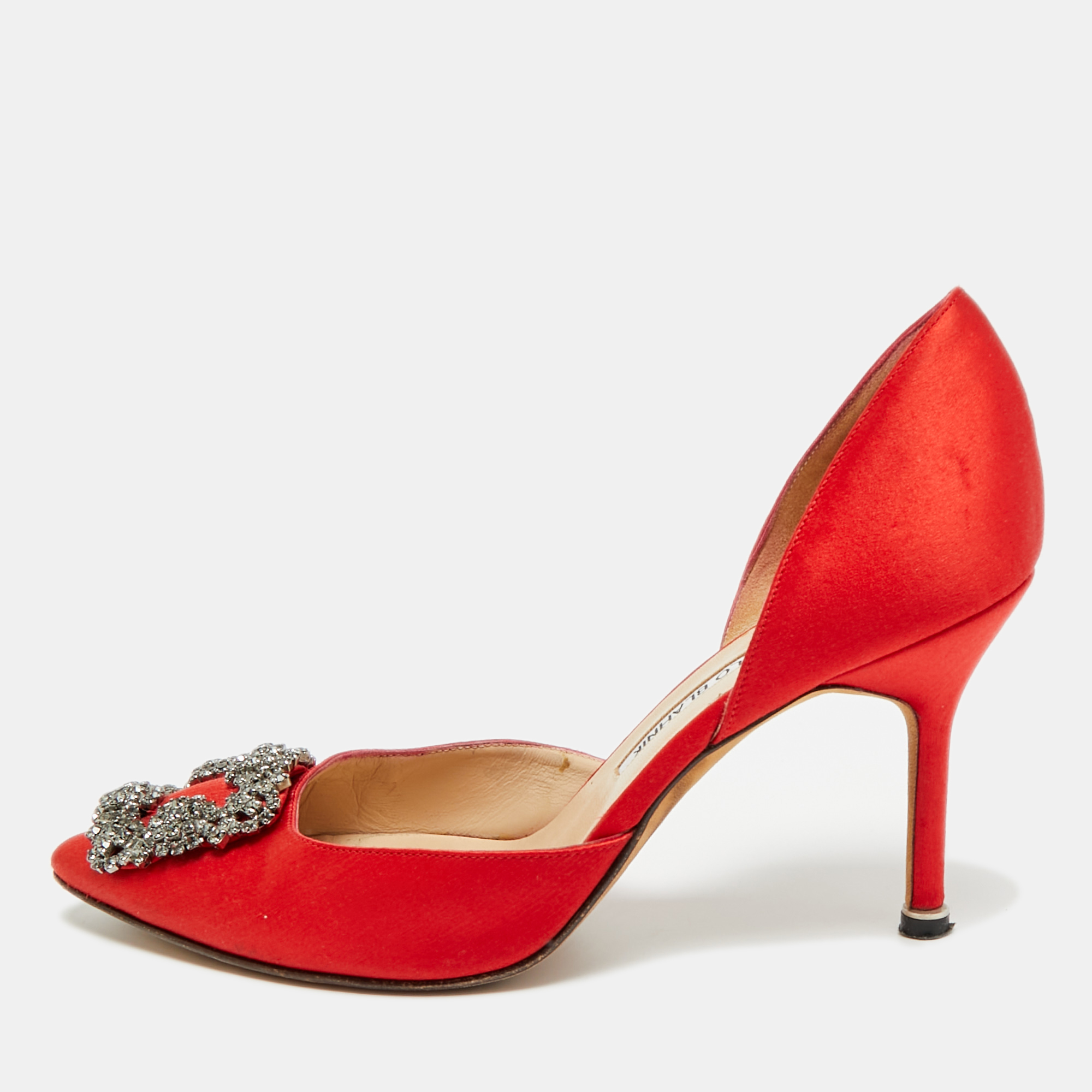 Click to view more detailed imagery on our partner's website Pre-owned Manolo Blahnik Hangisi Size 37.5 Red Satin D'orsay Pumps