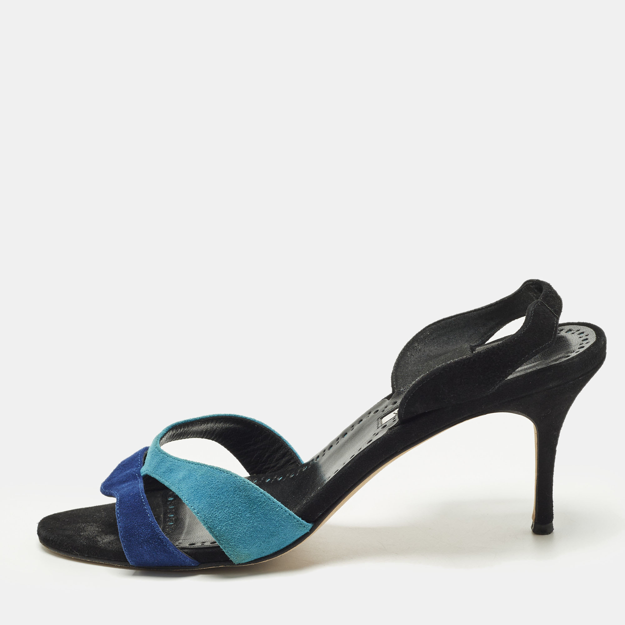 

Manolo Blahnik Suspiro 70 Size  Blue Suede Slingback Sandals
