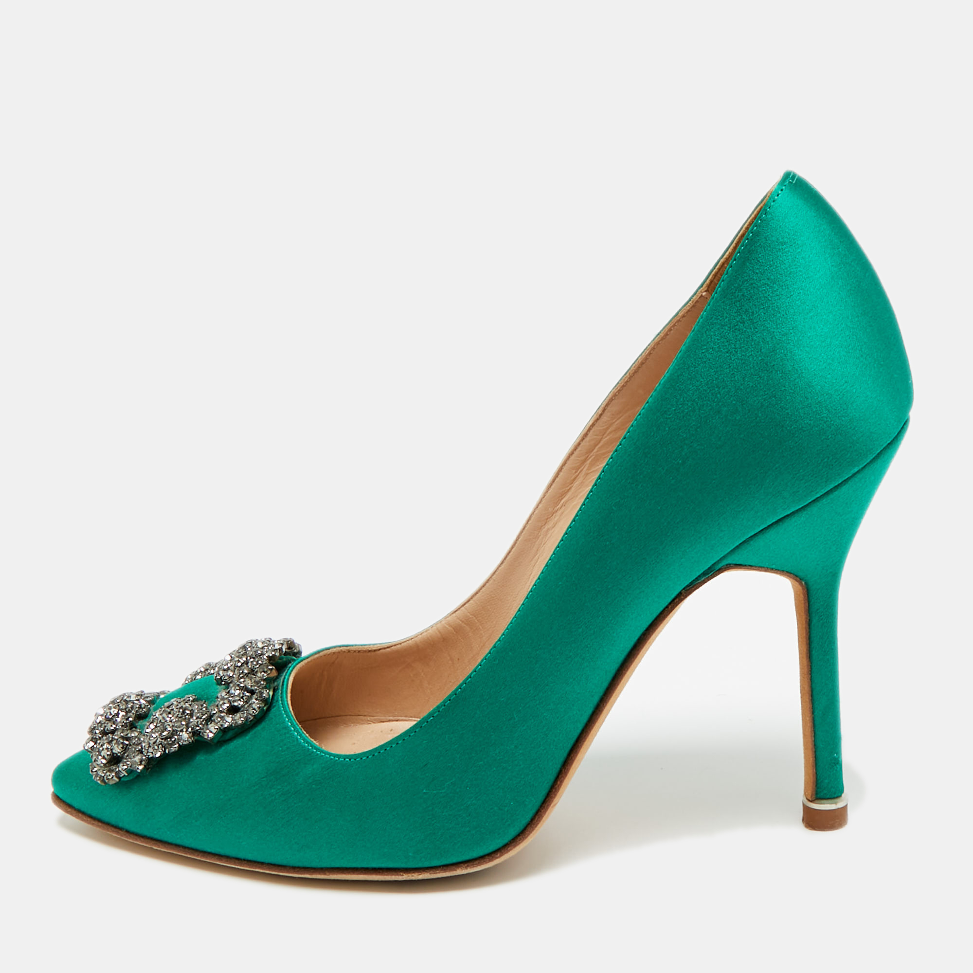 

Manolo Blahnik Hangisi Size  Green Satin Pumps