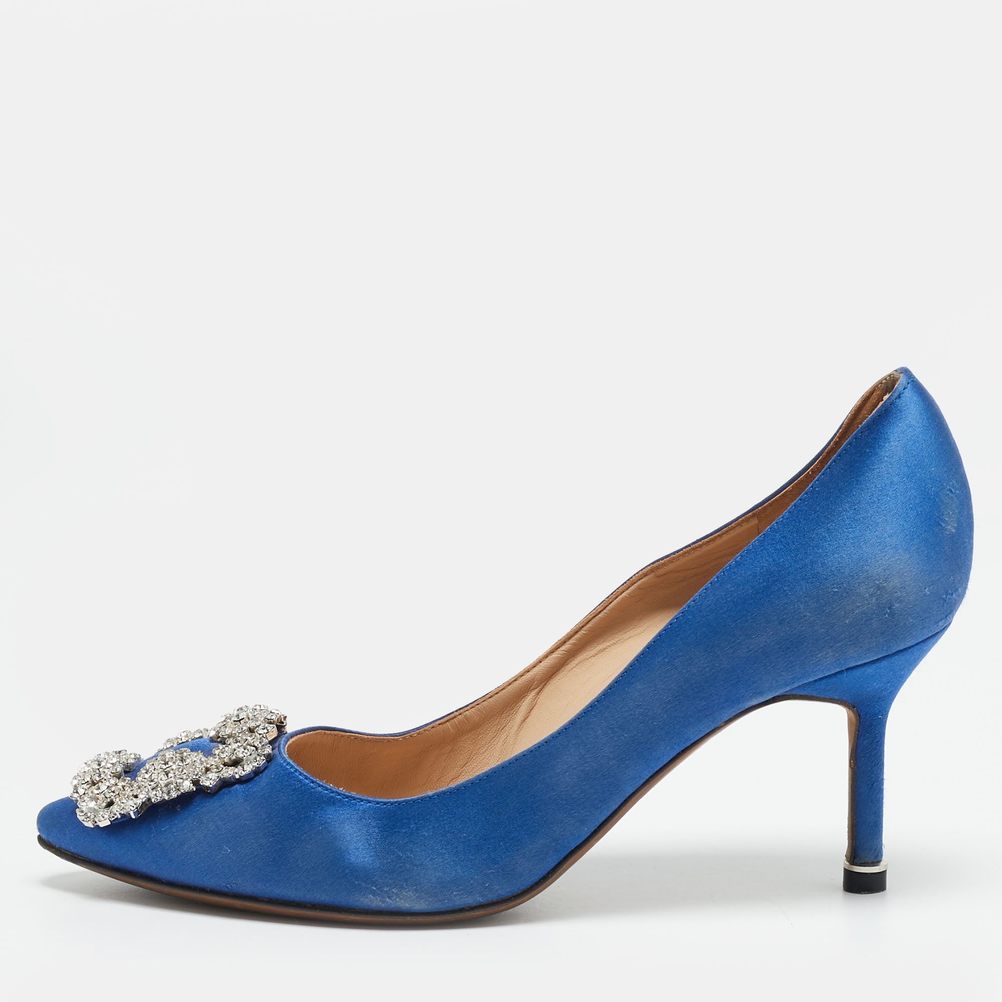 

Manolo Blahnik Hangisi Size  Blue Satin Crystal Embellished Pumps