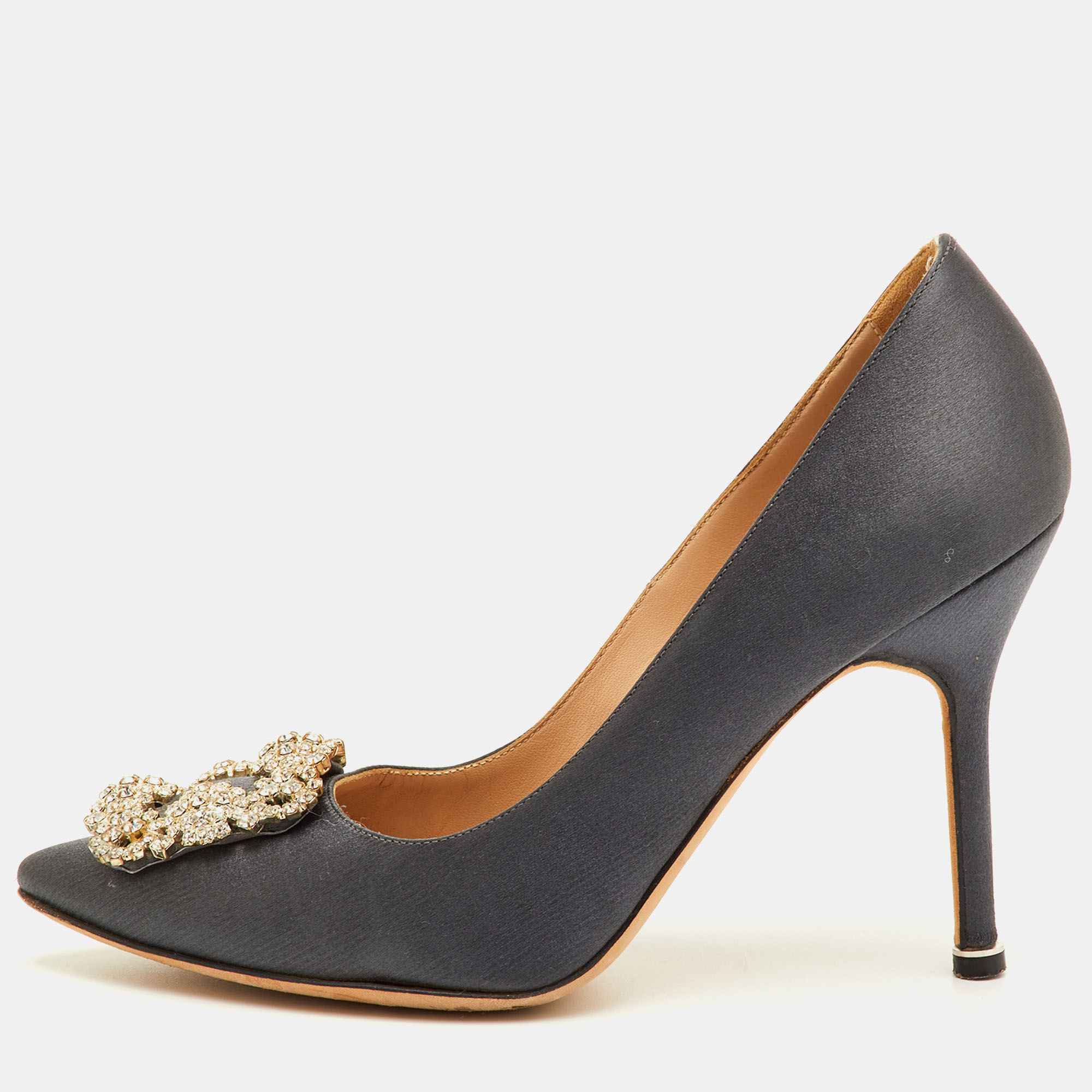 

Manolo Blahnik Hangisi Size  Dark Grey Satin Crystal Embellished Pumps