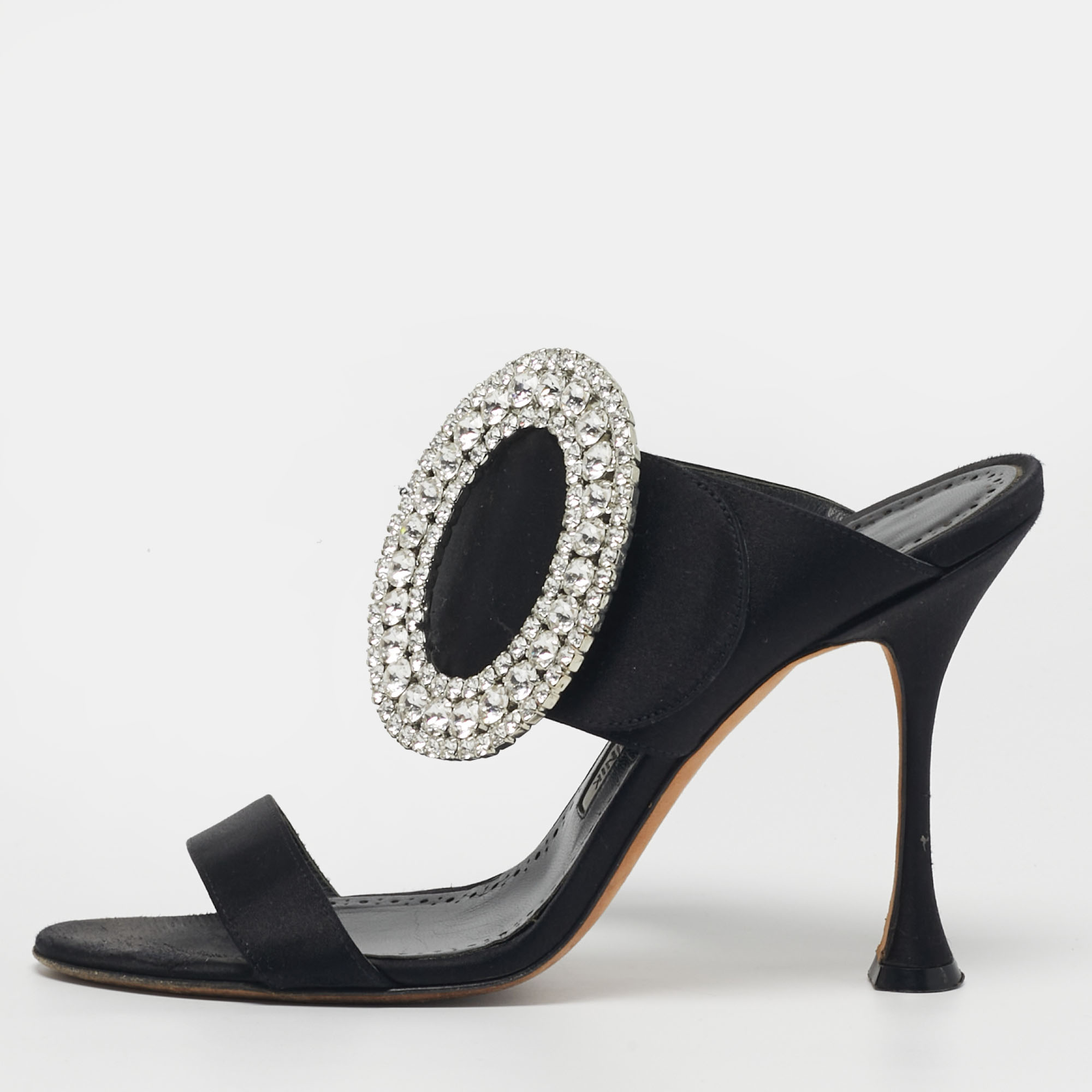 

Manolo Blahnik Fibiona Size  Black Satin Crystal Embellished Slide Sandals