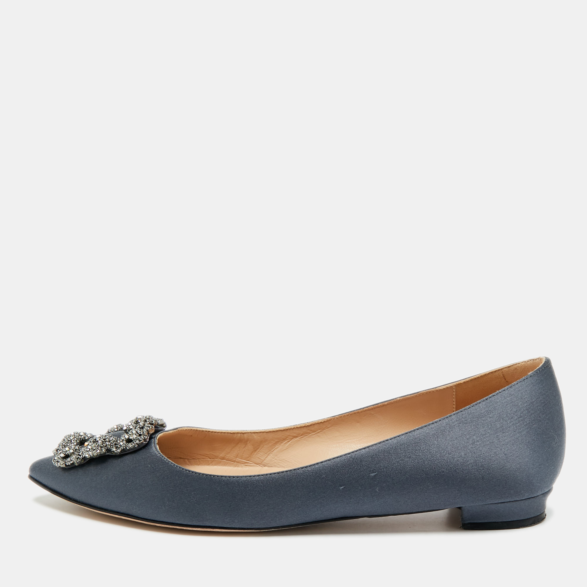 

Manolo Blahnik Hangisi Size  Grey Satin Crystal Embellished Ballet Flats